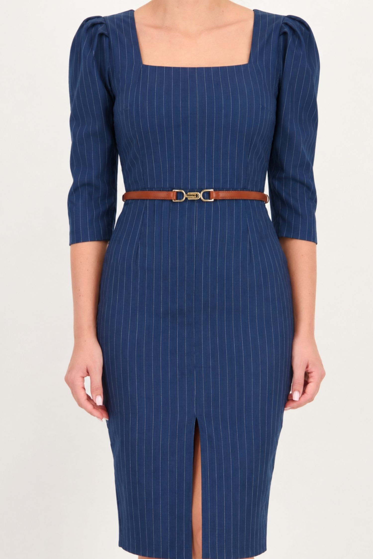 Rochie bleumarin din stofa elastica midi tip creion dungi 5 - StarShinerS.ro
