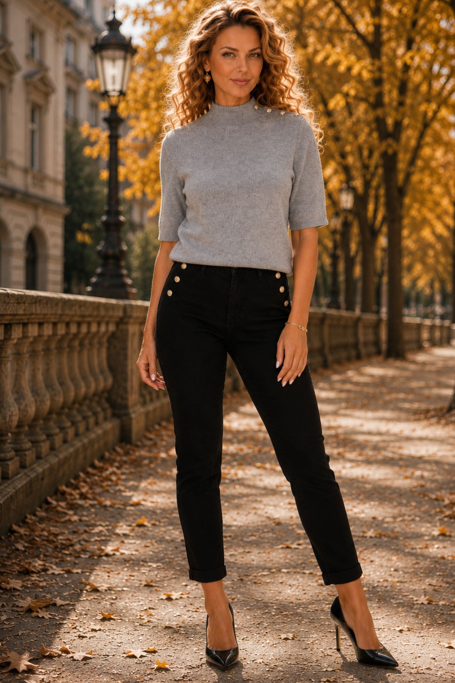 Bluza dama din tricot fin gri cu un croi larg , guler inalt si nasturi decorativi 2 - StarShinerS.ro