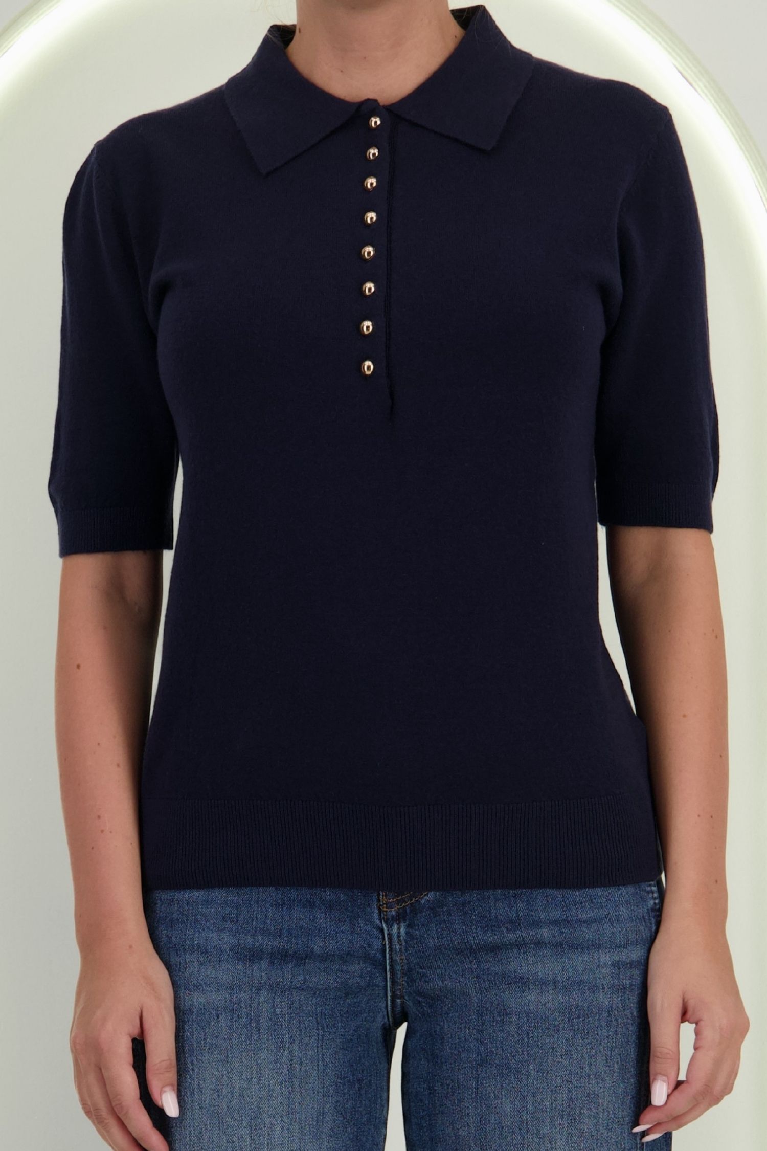 Bluza dama din tricot fin bleumarin cu maneca scurta si croi larg cu nasturi contrastanti 3 - StarShinerS.ro