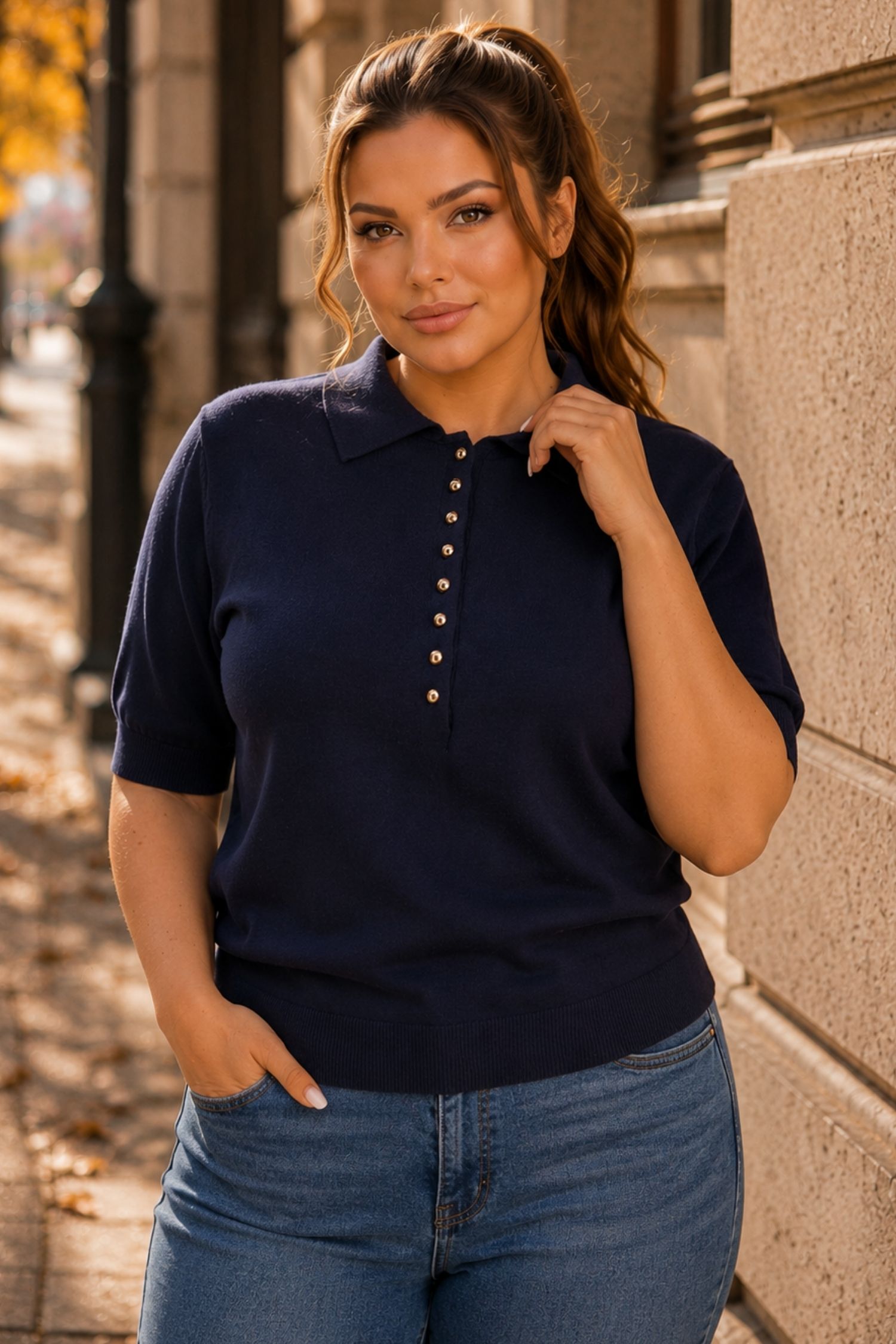 Bluza dama din tricot fin bleumarin cu maneca scurta si croi larg cu nasturi contrastanti 1 - StarShinerS.ro