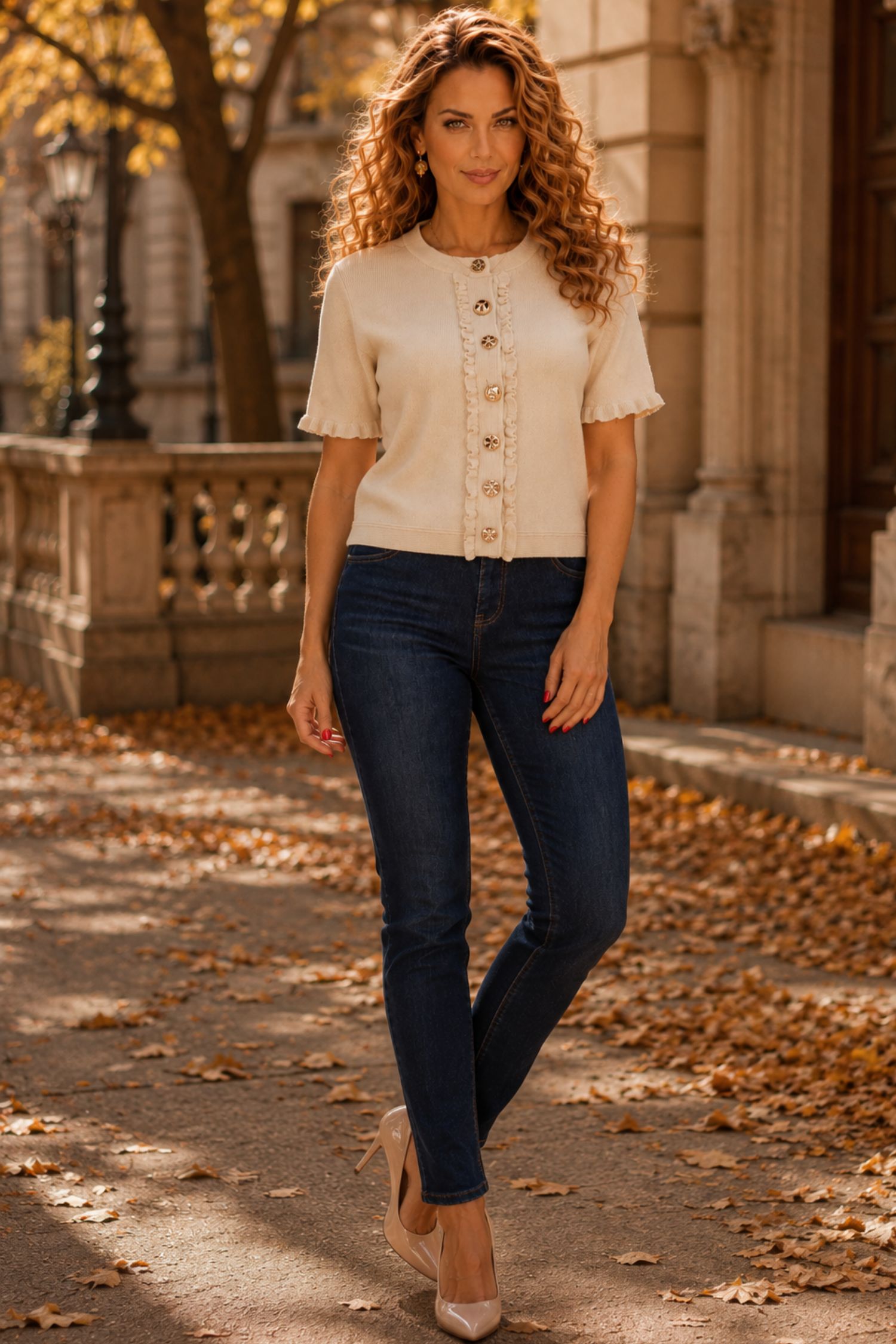 Bluza dama din tricot fin crem cu un croi larg si nasturi aurii decorativi 2 - StarShinerS.ro