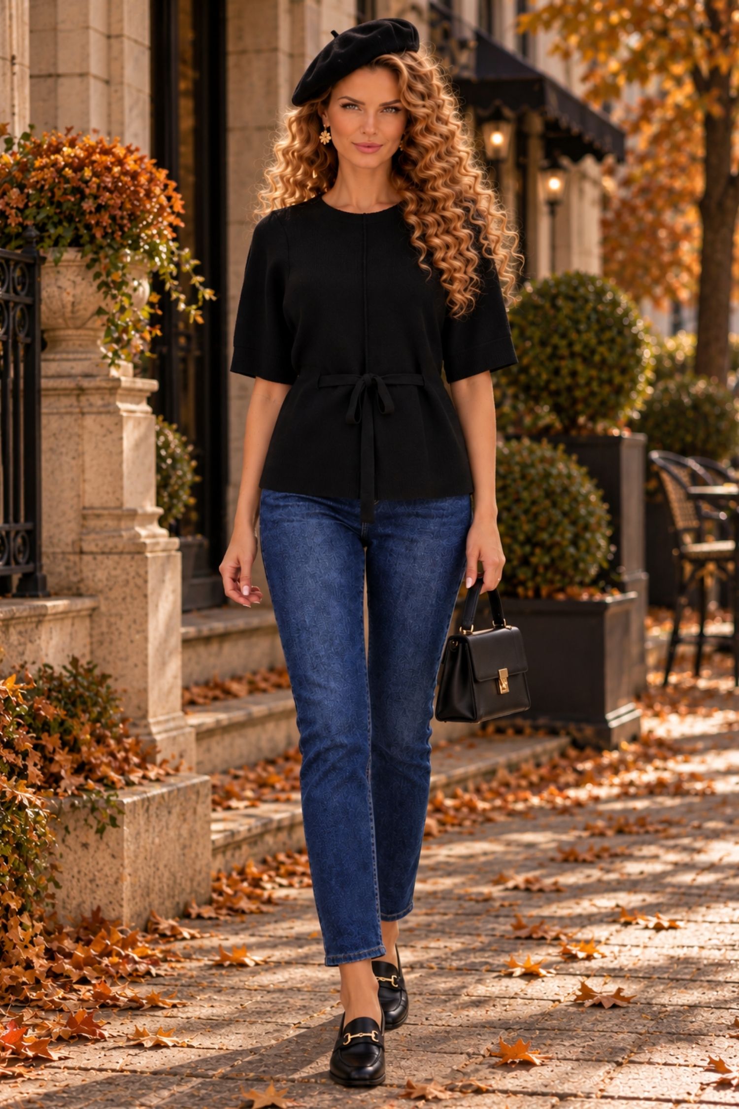 Bluza dama din tricot fin neagra cu un croi larg si cordon in talie 2 - StarShinerS.ro
