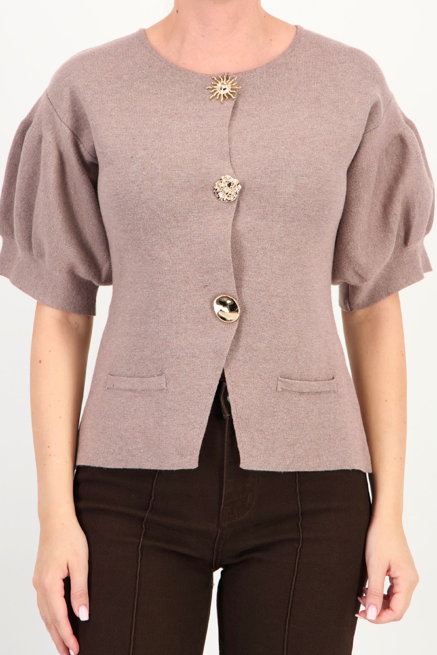 Cardigan dama din tricot fin bej cu maneci bufante si nasturi decorativi 4 - StarShinerS.ro
