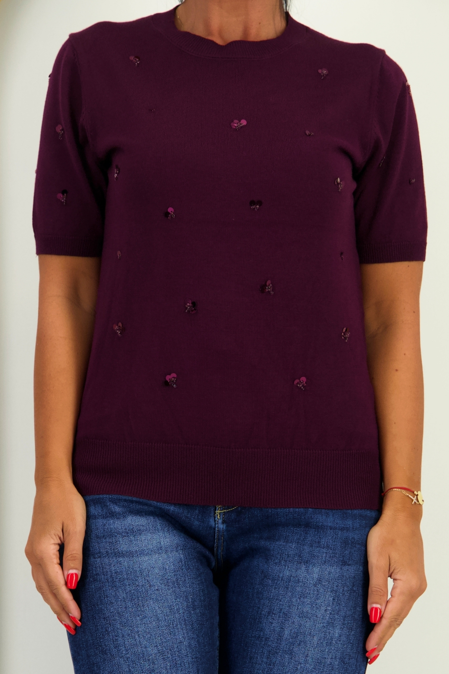 Bluza dama din tricot fin visinie cu un croi larg si aplicatii de paiete 4 - StarShinerS.ro