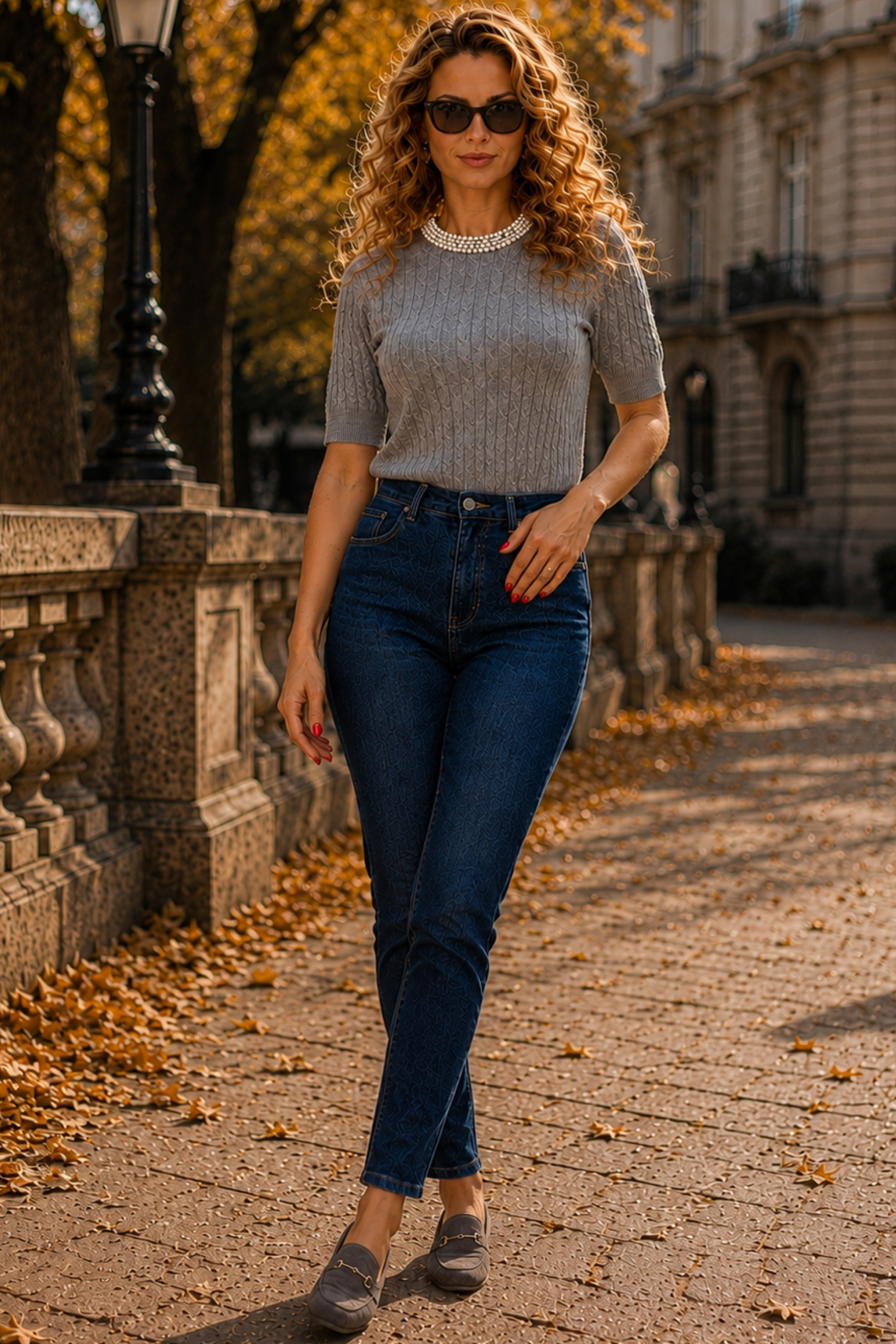 Bluza dama din tricot fin gri cu un croi larg accesorizata cu perle si pietre strass 2 - StarShinerS.ro