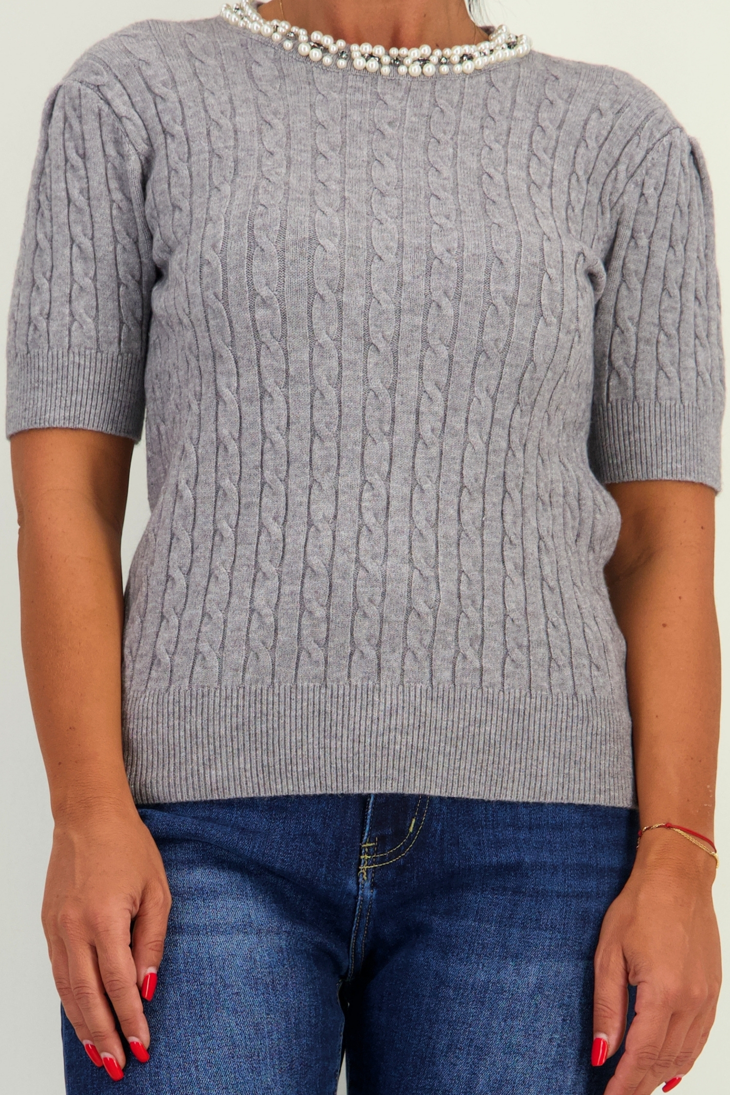 Bluza dama din tricot fin gri cu un croi larg accesorizata cu perle si pietre strass 4 - StarShinerS.ro