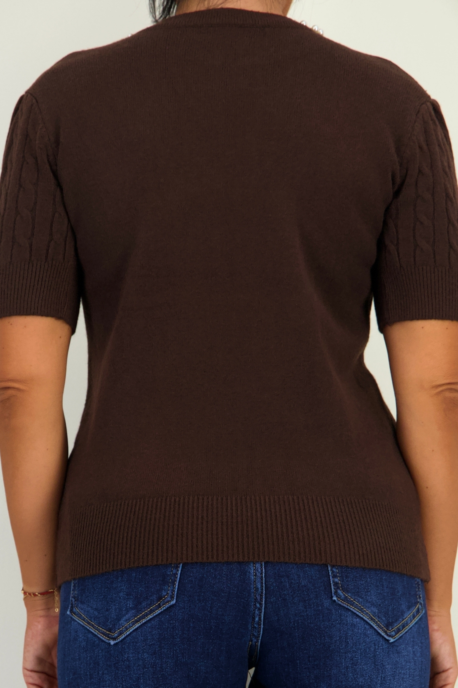 Bluza dama din tricot fin maro cu un croi larg accesorizata cu perle si pietre strass 5 - StarShinerS.ro