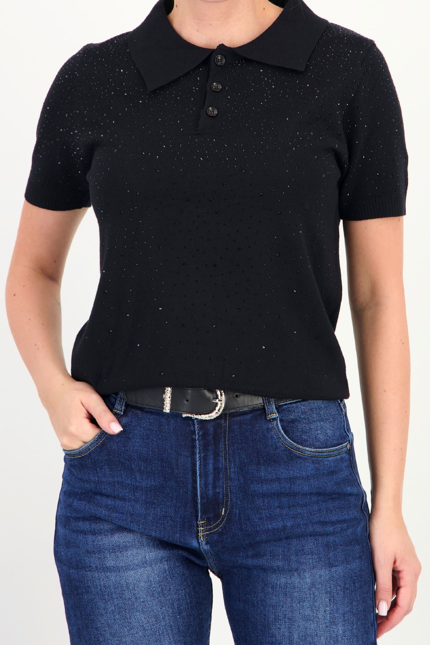 Bluza dama din tricot fin neagra cu un croi lejer si aplicatii de pietre strass 3 - StarShinerS.ro
