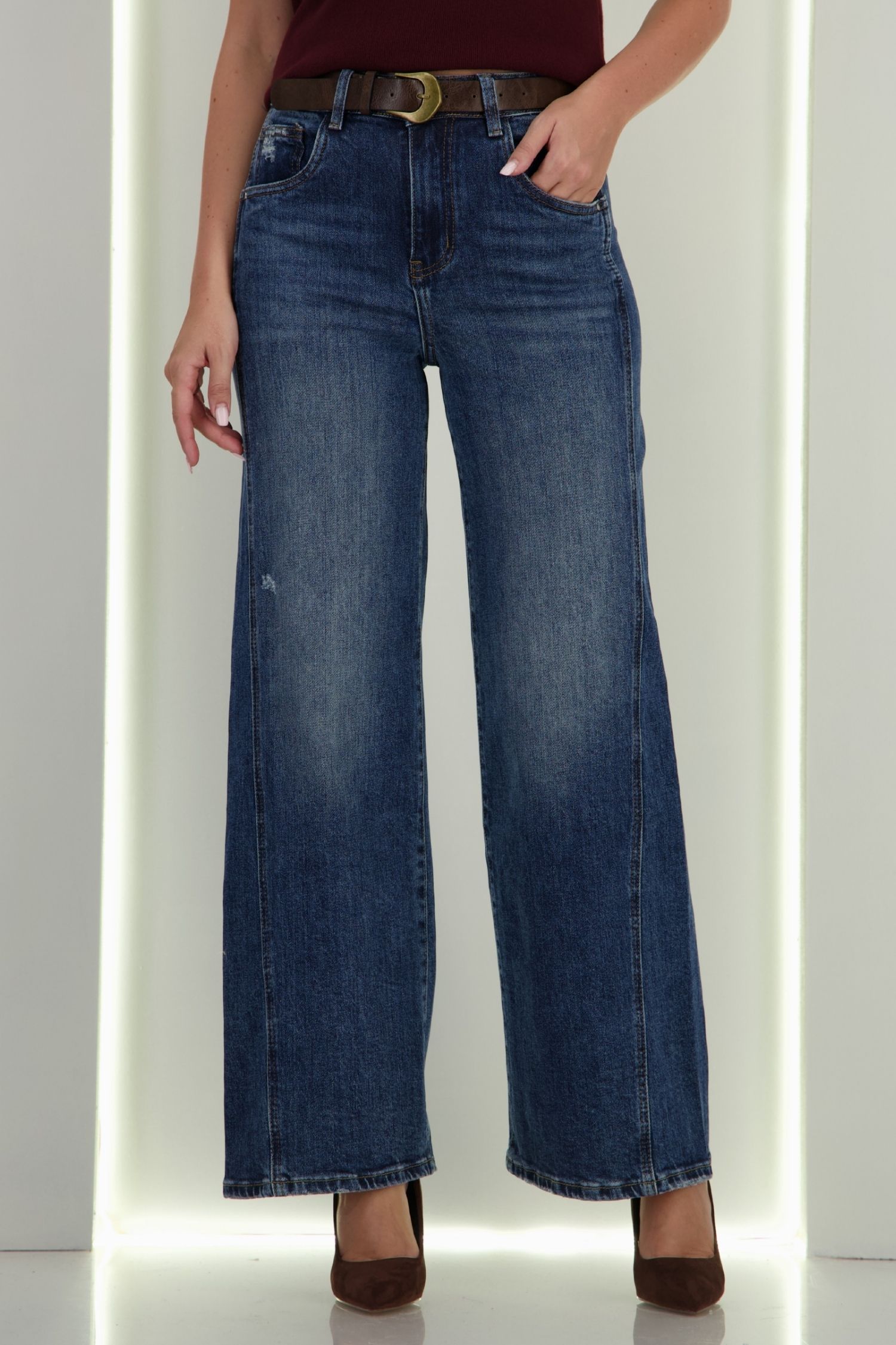 Blugi albastri Wide leg cu accesoriu tip curea si buzunare laterale 5 - StarShinerS.ro