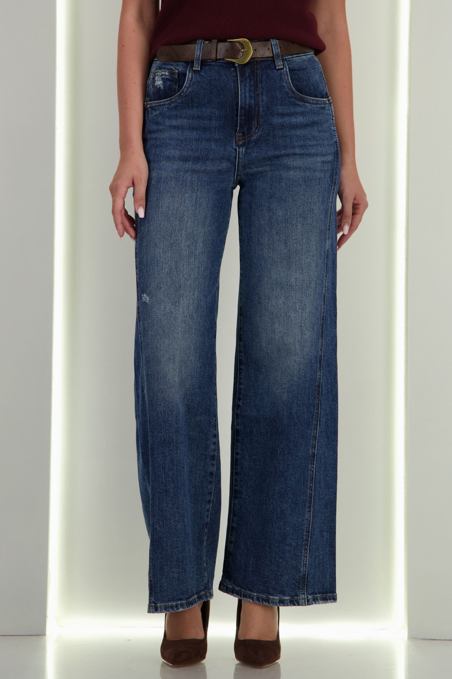 Blugi albastri Wide leg cu accesoriu tip curea si buzunare laterale 3 - StarShinerS.ro