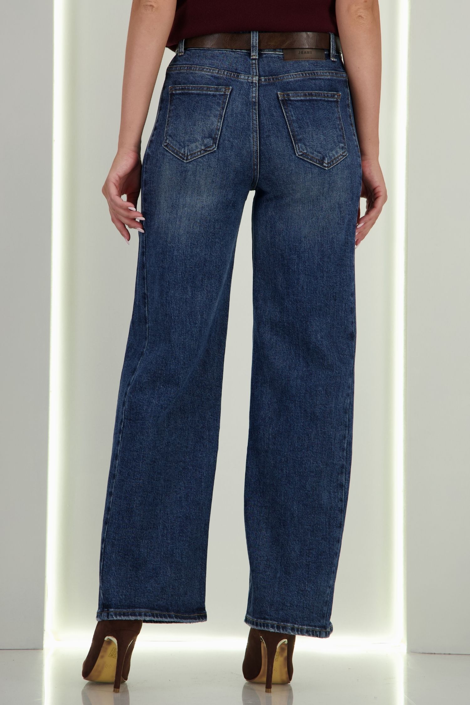 Blugi albastri Wide leg cu accesoriu tip curea si buzunare laterale 6 - StarShinerS.ro