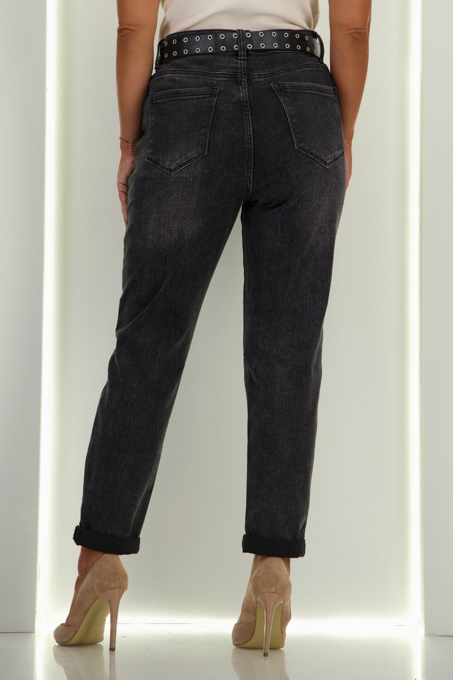 Blugi negri straight leg cu accesoriu tip curea 3 - StarShinerS.ro