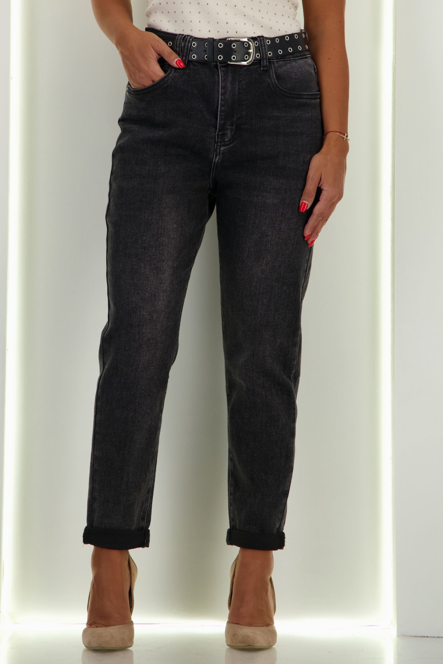 Blugi negri straight leg cu accesoriu tip curea 2 - StarShinerS.ro