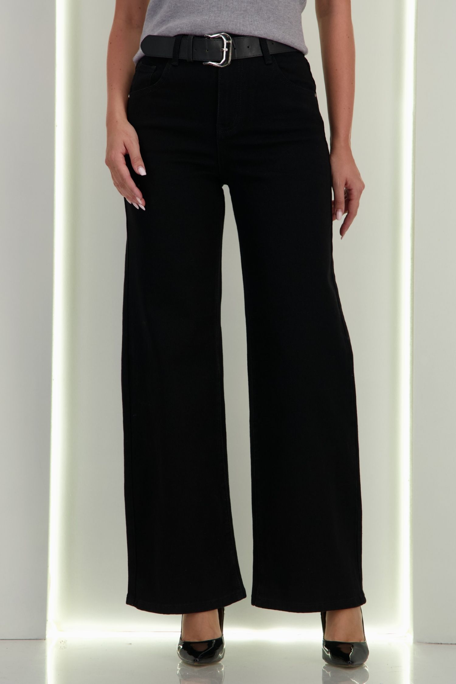 Blugi negri Wide leg cu accesoriu tip curea 3 - StarShinerS.ro