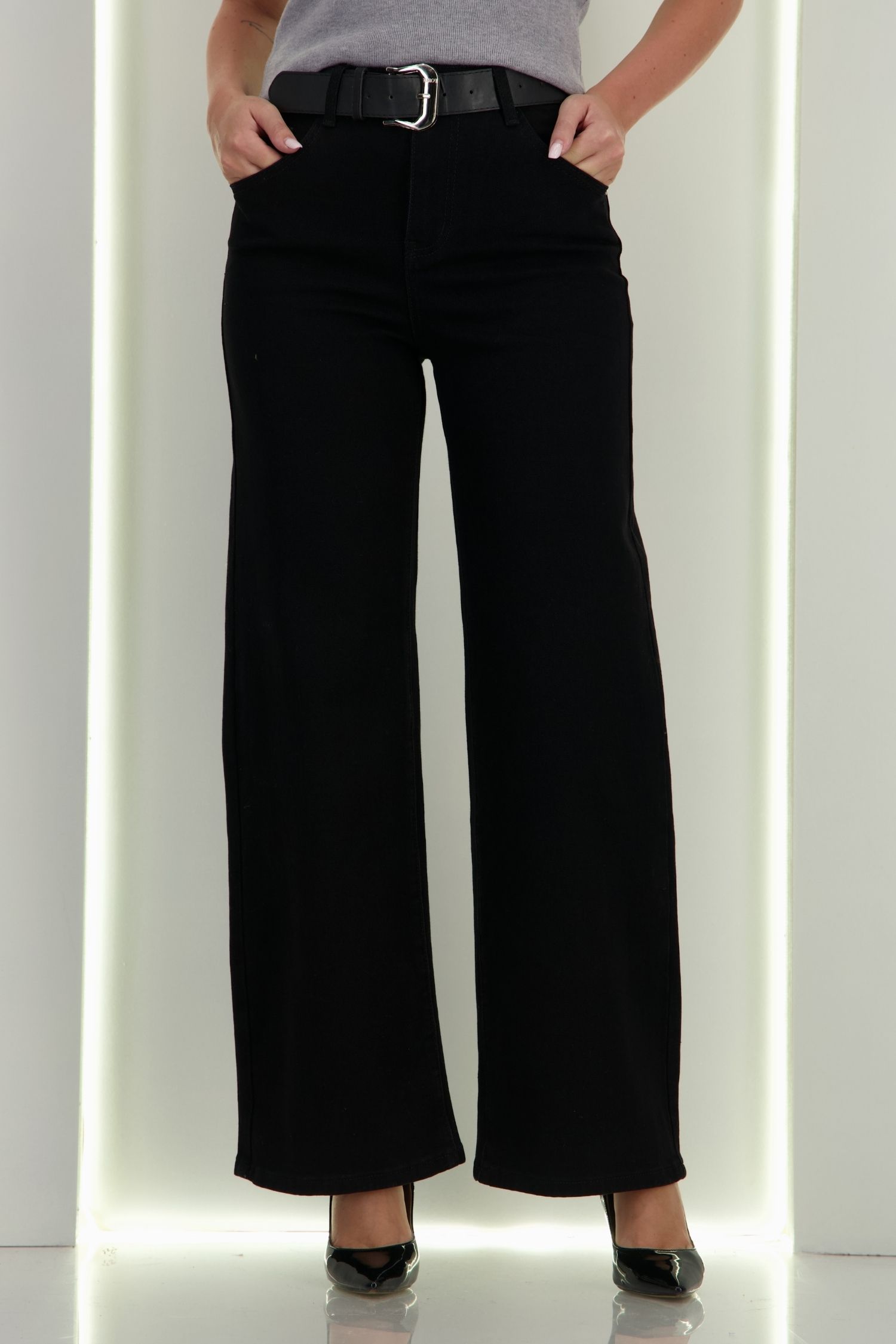 Blugi negri Wide leg cu accesoriu tip curea 5 - StarShinerS.ro