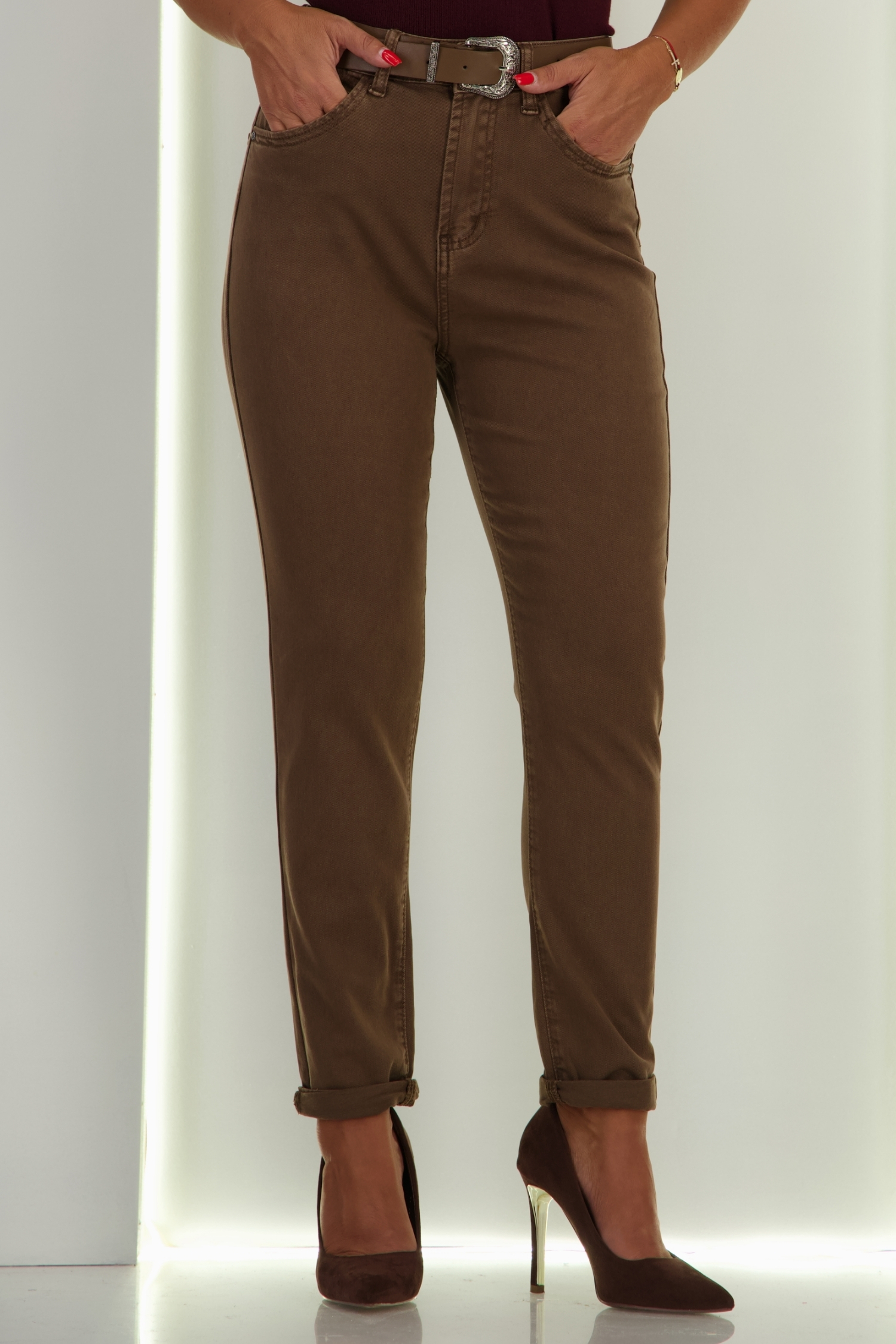 Blugi maro skinny cu accesoriu tip curea 2 - StarShinerS.ro