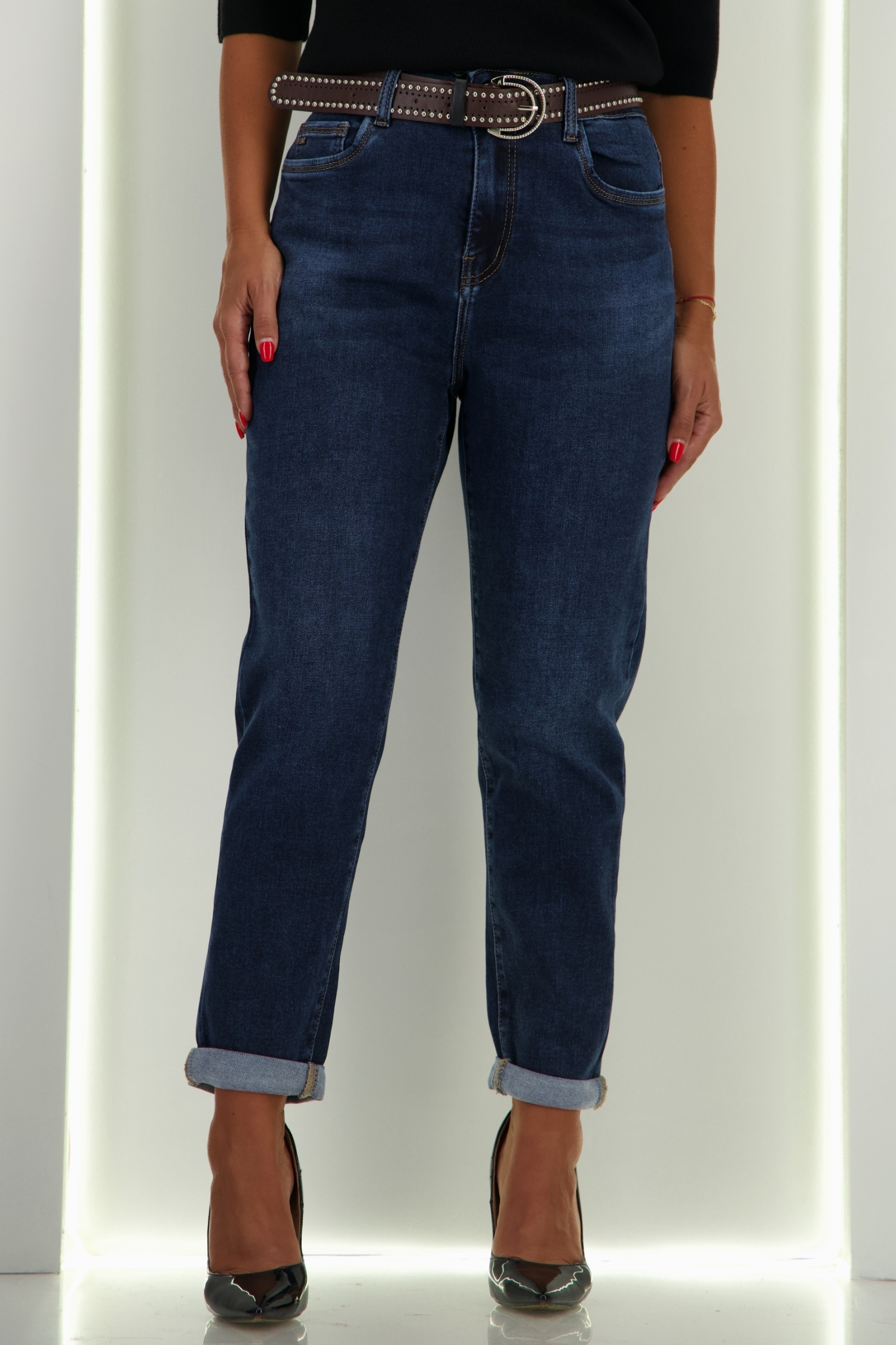 Blugi albastri mom fit cu accesoriu tip curea 2 - StarShinerS.ro