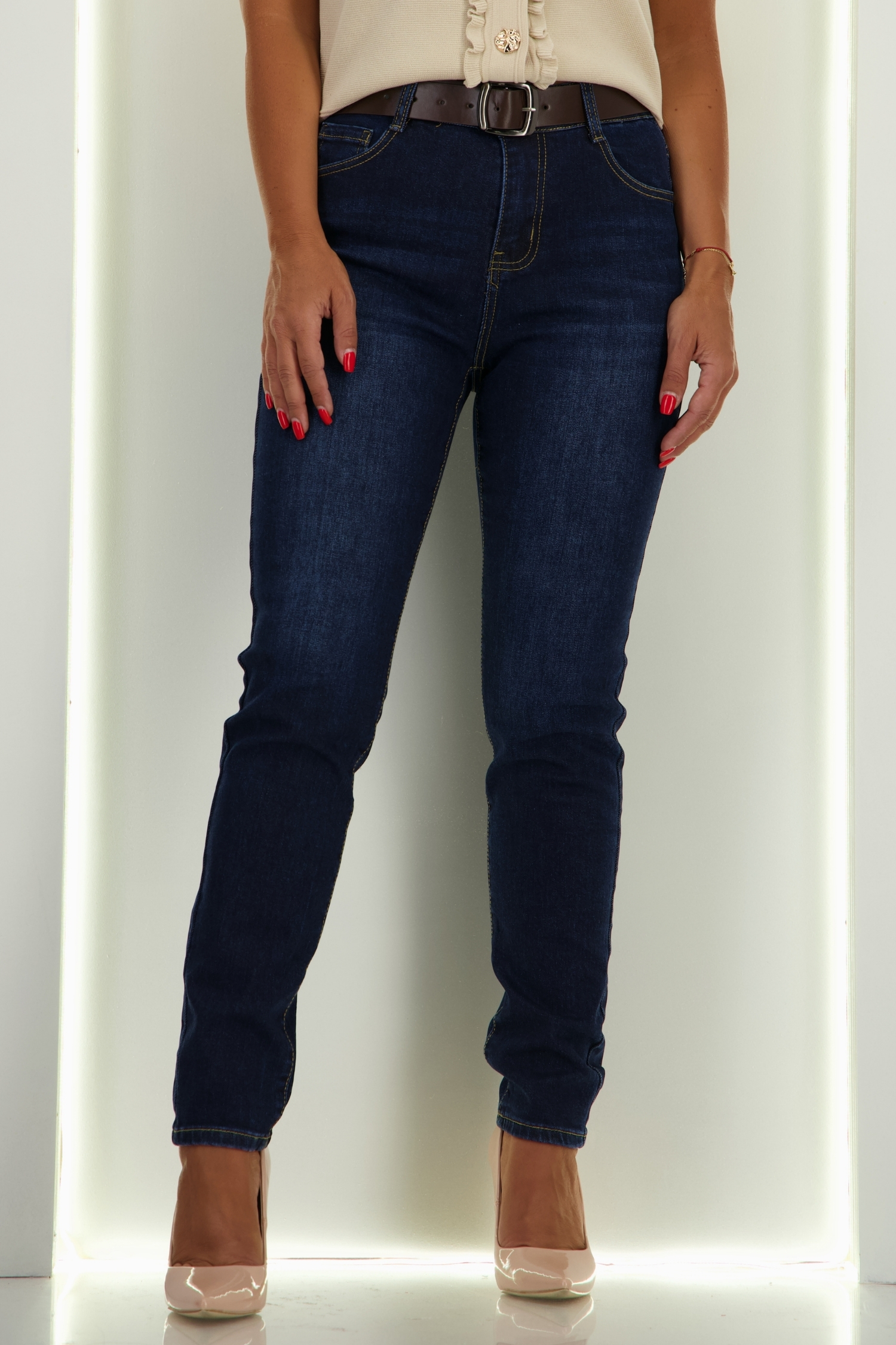 Blugi albastri skinny cu accesoriu tip curea 6 - StarShinerS.ro