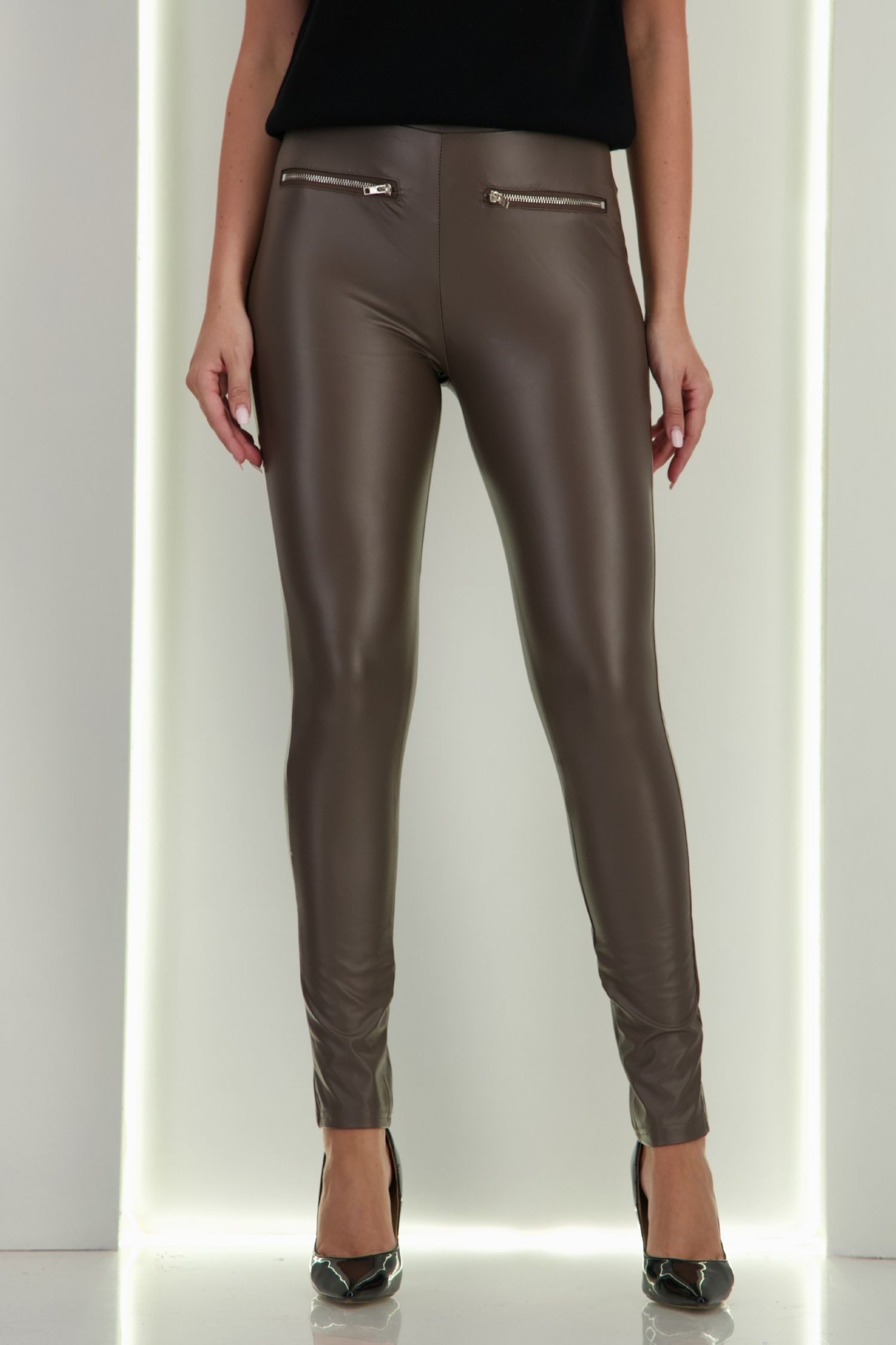 Colanti din piele ecologica gri lungi cu elastic in talie si buzunare frontale false 3 - StarShinerS.ro