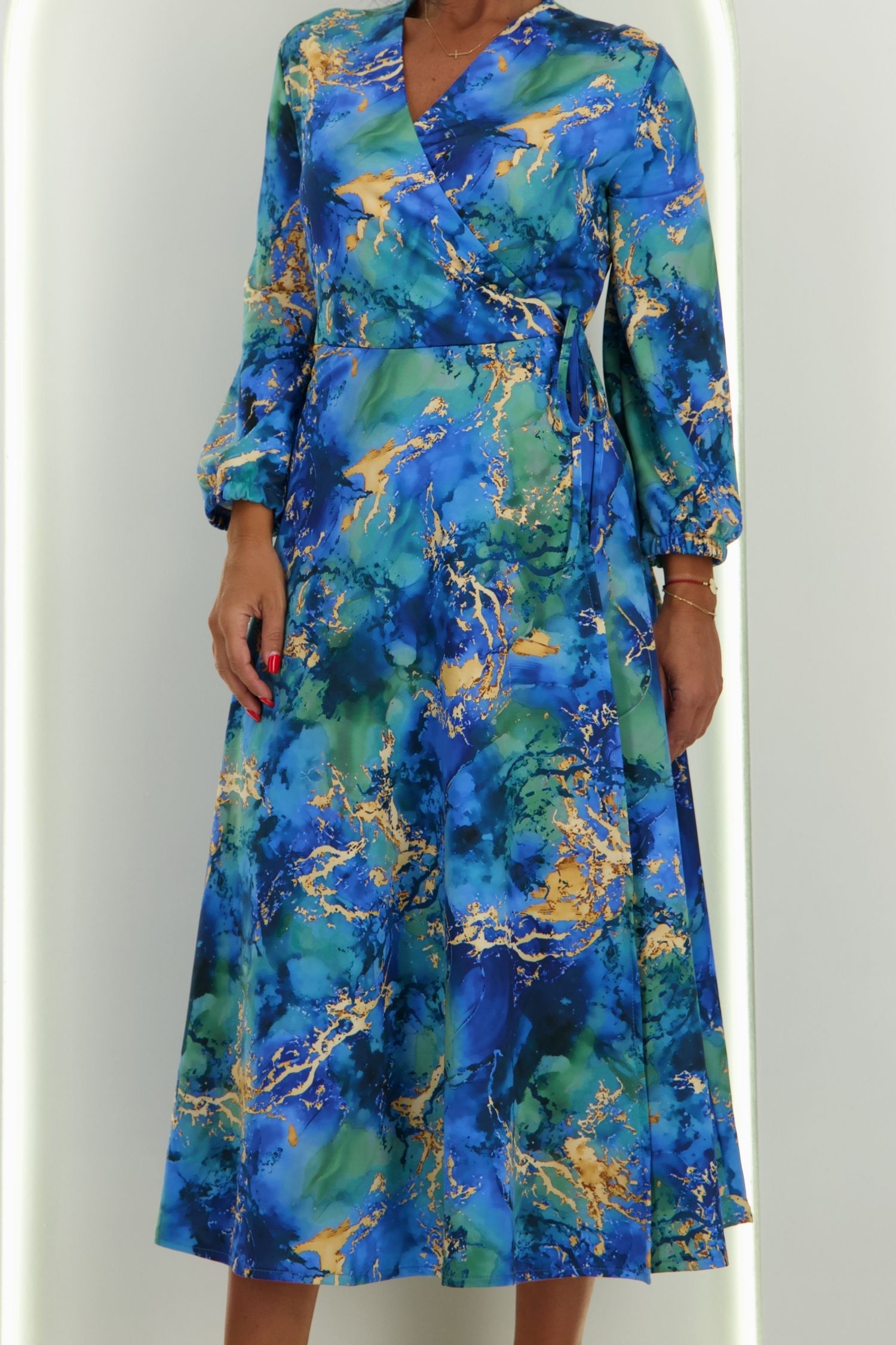 Rochie din viscoza albastra midi in clos accesorizata cu cordon - StarShinerS 4 - StarShinerS.ro