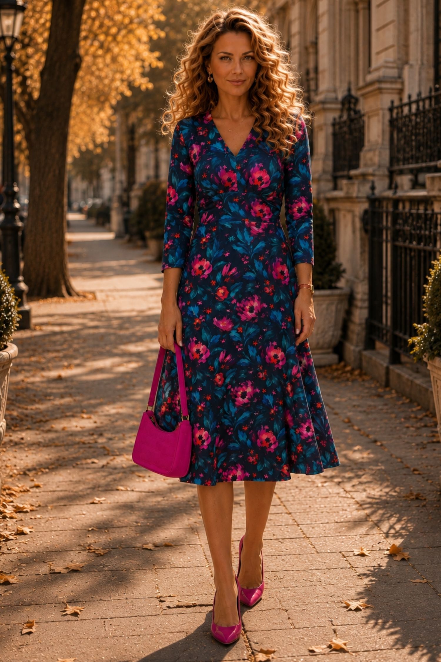Rochie din modal bleumarin midi in clos cu imprimeu floral - StarShinerS 2 - StarShinerS.ro