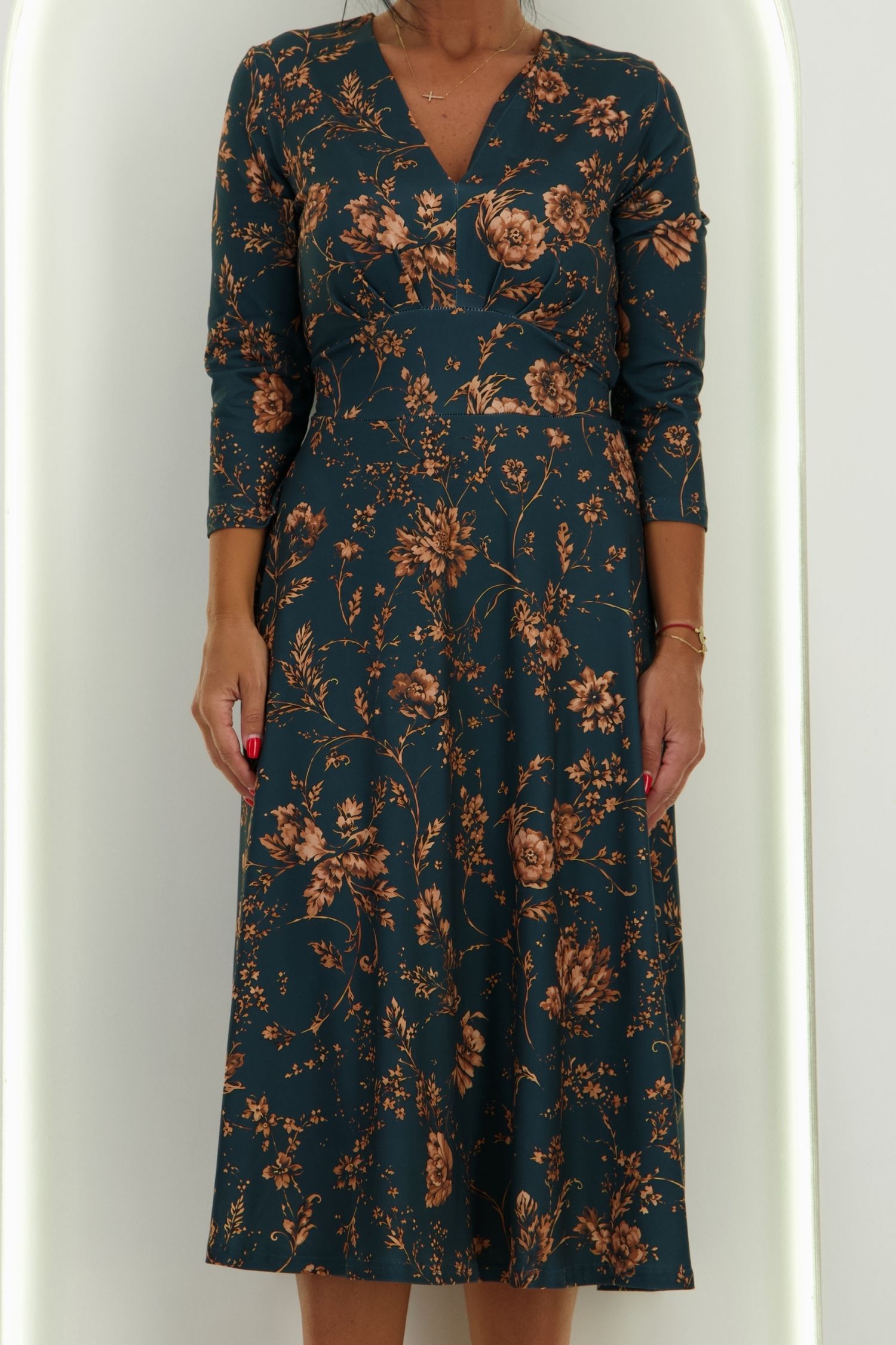 Rochie din modal verde-petrol midi in clos cu imprimeu floral - StarShinerS 4 - StarShinerS.ro