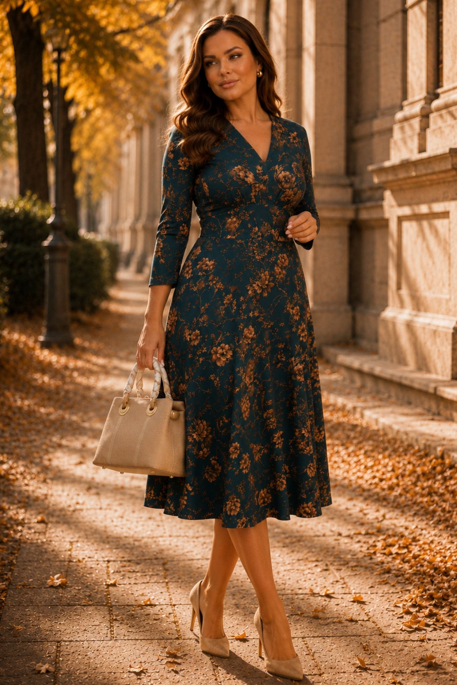 Rochie din modal verde-petrol midi in clos cu imprimeu floral - StarShinerS 1 - StarShinerS.ro