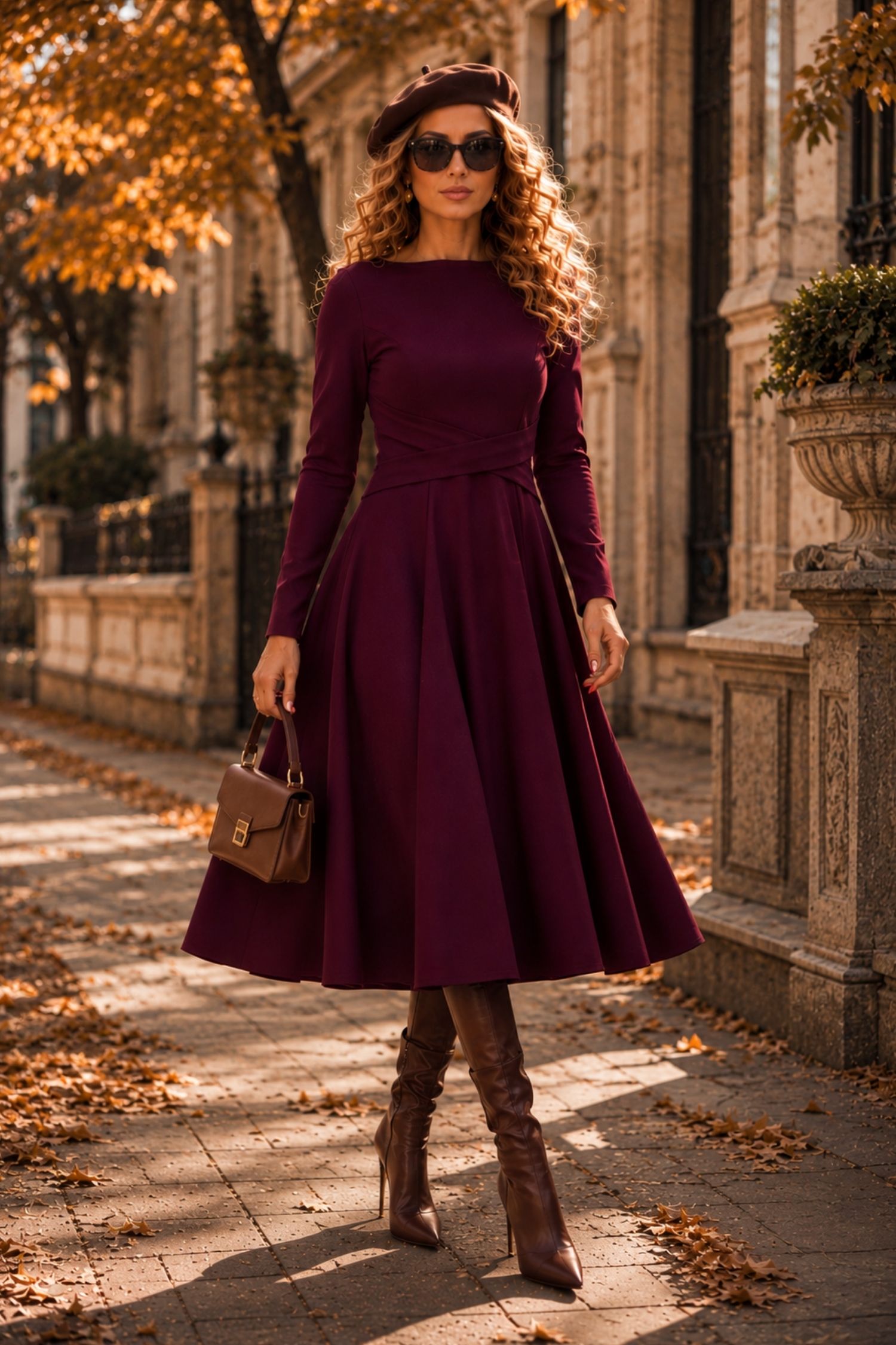Rochie din jersey cu viscoza visinie midi in clos cu detalii frontale- StarShinerS 2 - StarShinerS.ro