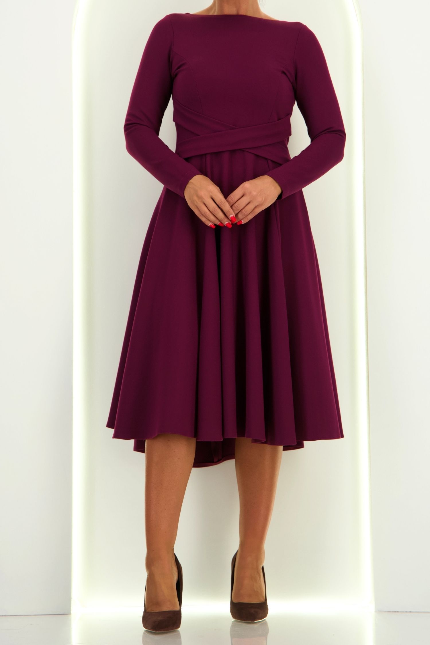 Rochie din jersey cu viscoza visinie midi in clos cu detalii frontale- StarShinerS 4 - StarShinerS.ro