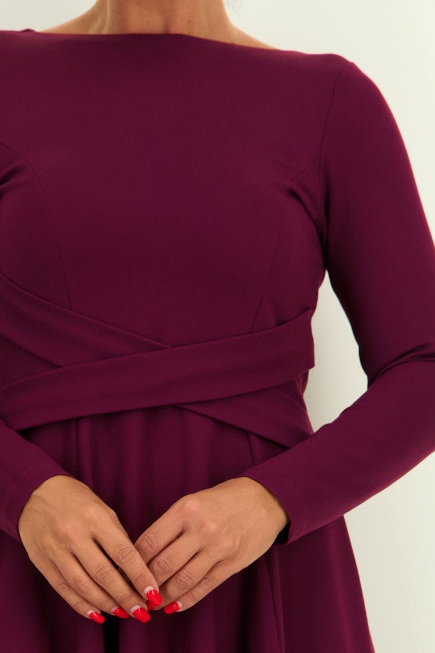 Rochie din jersey cu viscoza visinie midi in clos cu detalii frontale- StarShinerS 3 - StarShinerS.ro