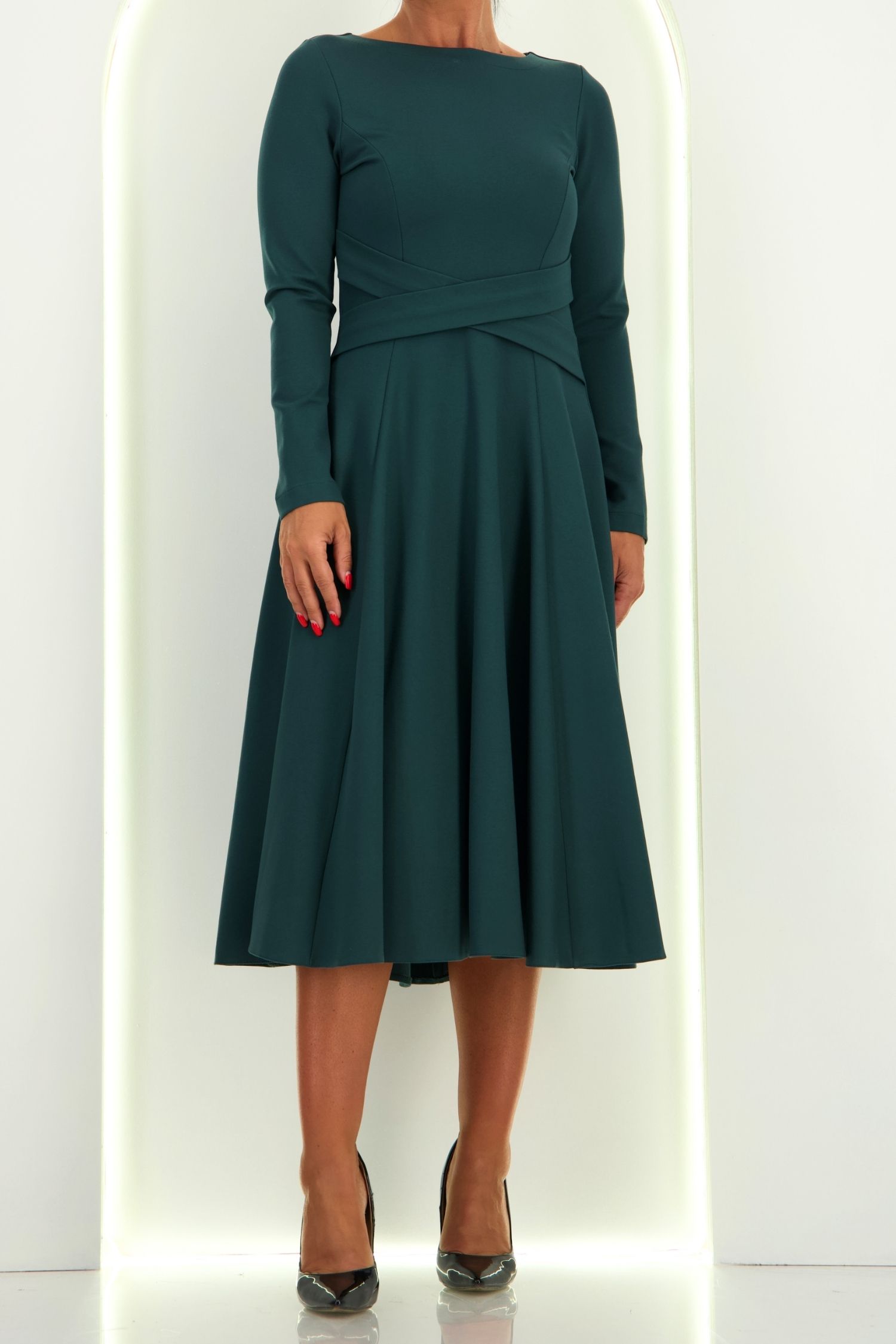 Rochie din jersey cu viscoza verde-petrol midi in clos cu detalii frontale- StarShinerS 4 - StarShinerS.ro