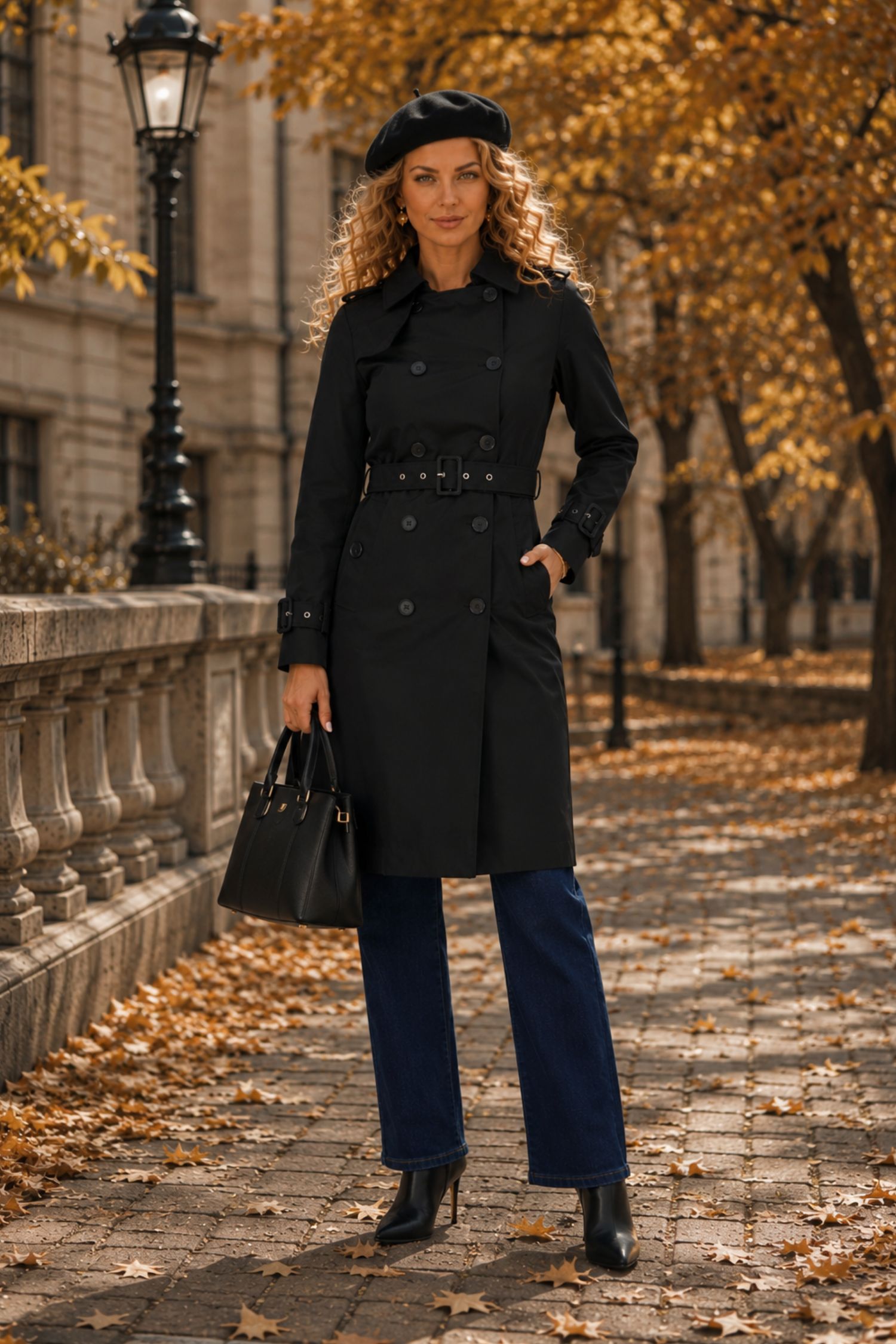 Trench din fas negru cu un croi drept accesorizat cu cordon 2 - StarShinerS.ro