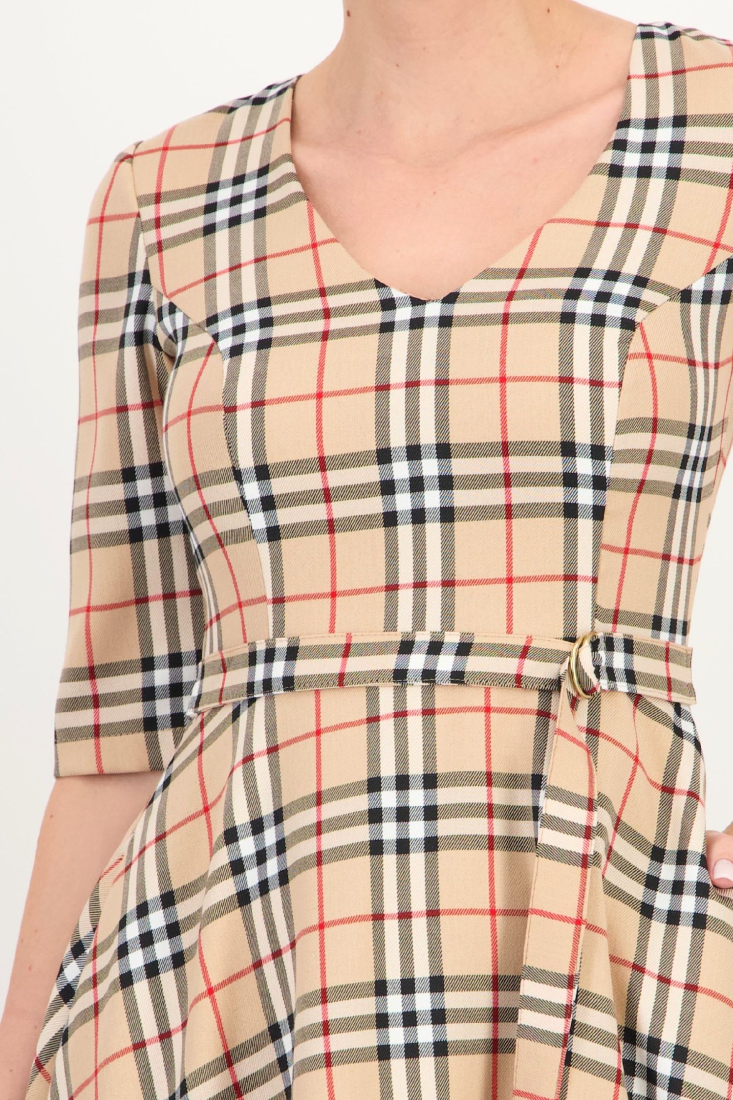 Rochie cu carouri midi in clos cu decolteu in V si cordon - StarShinerS 6 - StarShinerS.ro