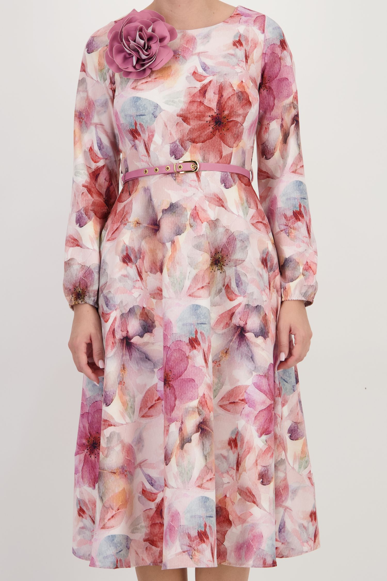 Rochie roz midi in clos accesorizata cu brosa florala si curea - StarShinerS 5 - StarShinerS.ro