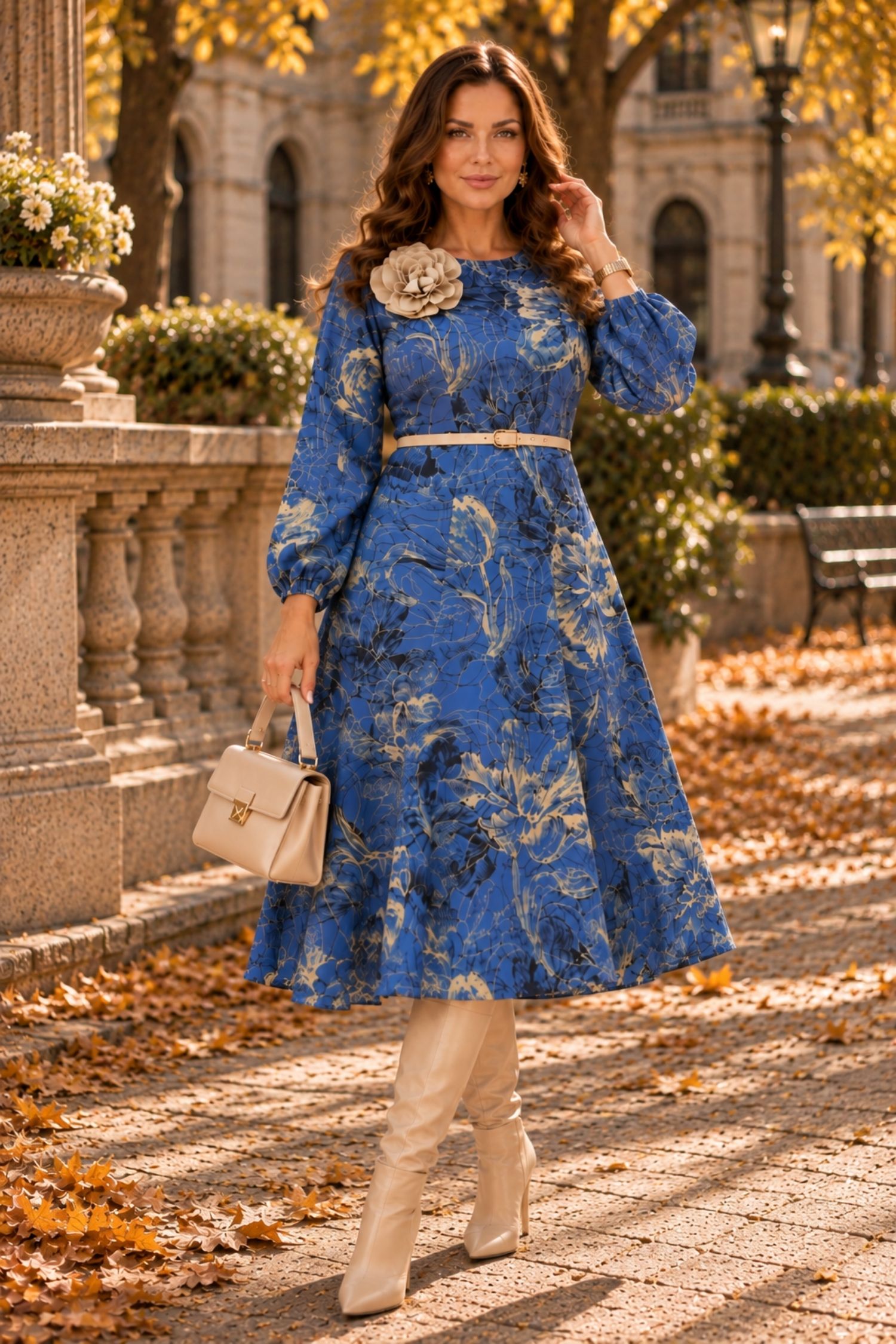 Rochie albastra midi in clos accesorizata cu brosa florala si curea - StarShinerS 1 - StarShinerS.ro