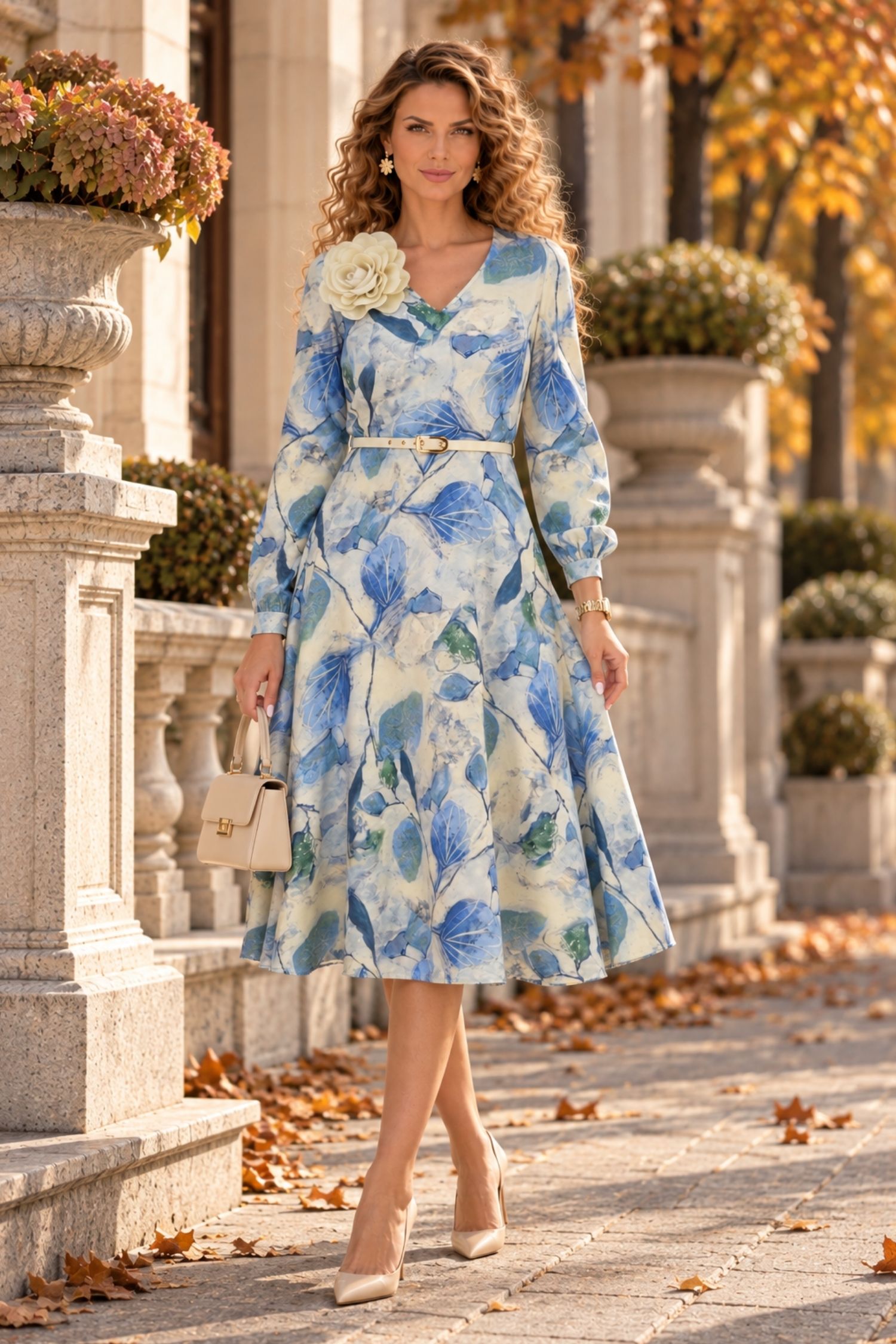 Rochie albastra-deschis midi cu imprimeu in clos cu brosa florala si curea - StarShinerS 3 - StarShinerS.ro