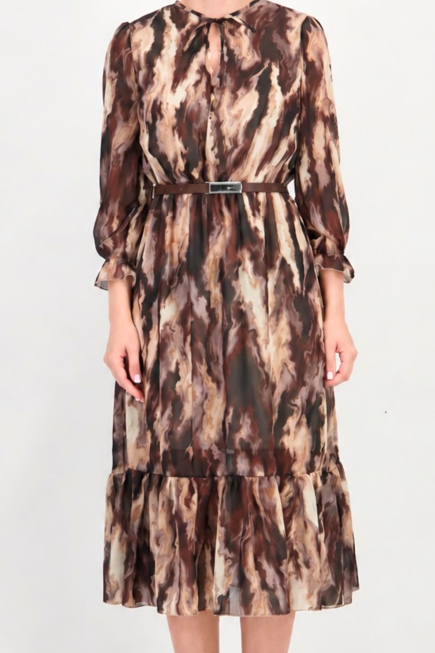Rochie din voal maro midi in clos cu elastic in talie si curea detasabila - StarShinerS 3 - StarShinerS.ro