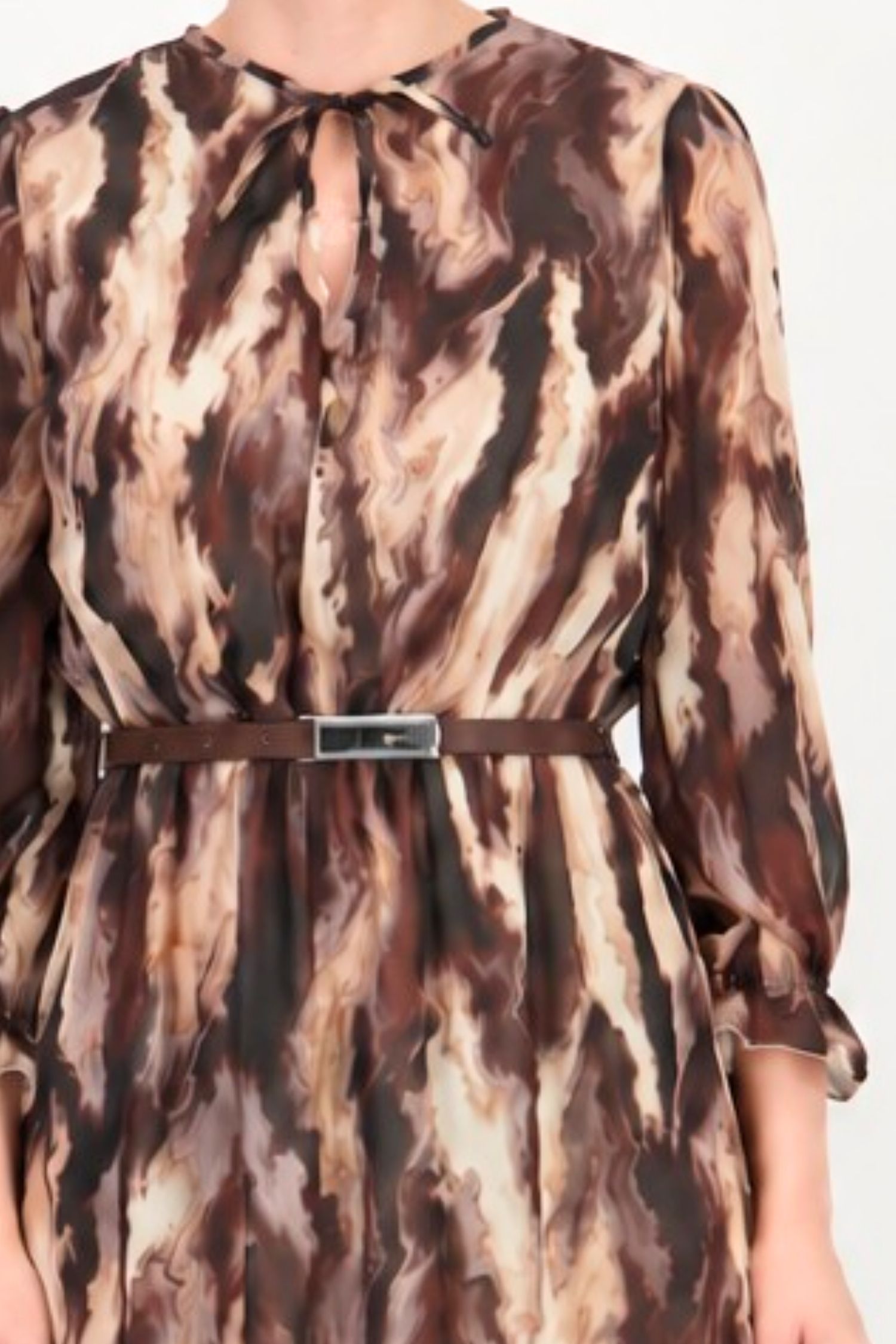 Rochie din voal maro midi in clos cu elastic in talie si curea detasabila - StarShinerS 5 - StarShinerS.ro