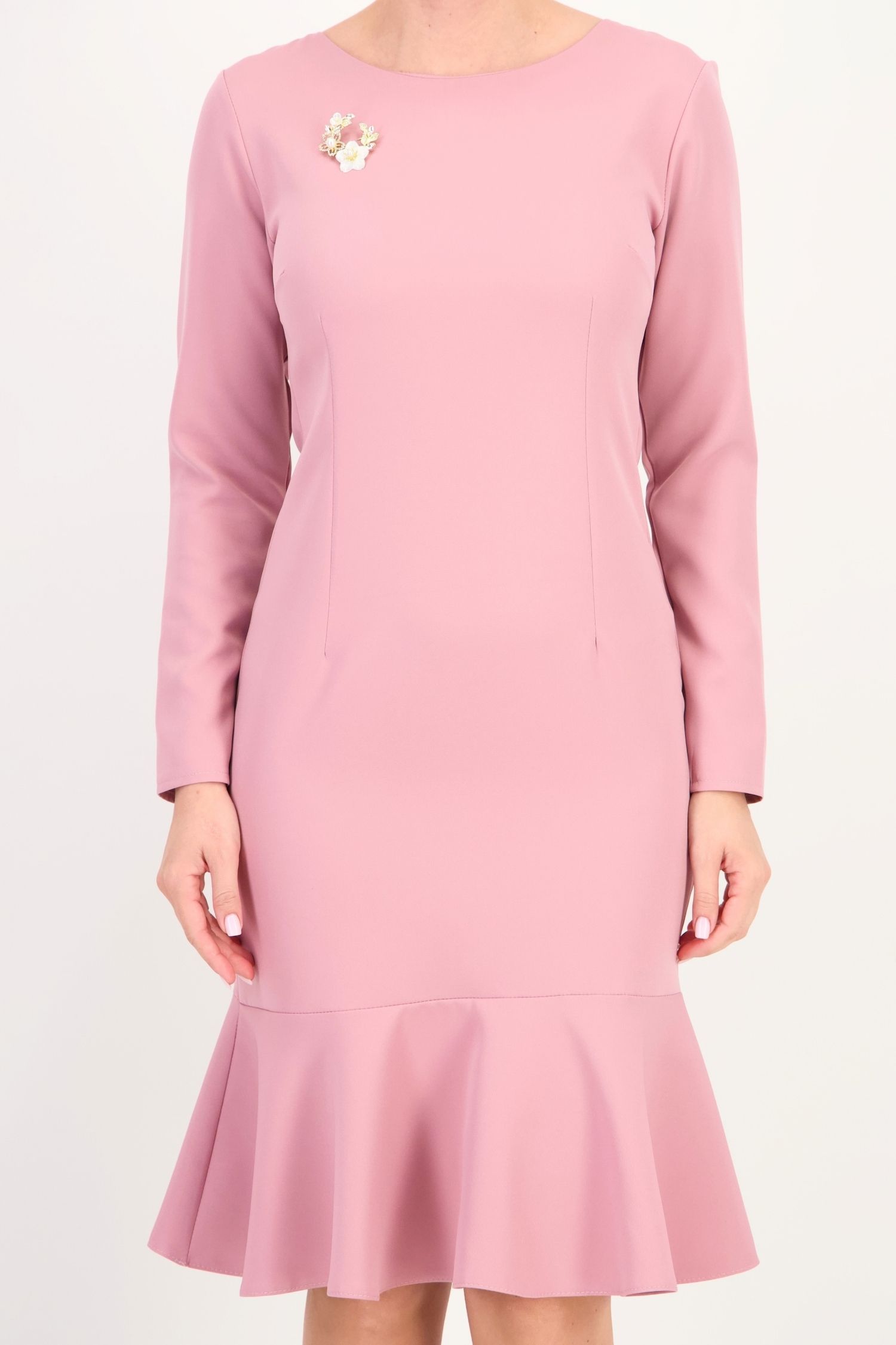 Rochie roz pudra până la genunchi tip creion accesorizata cu brosa - StarShinerS 2 - StarShinerS.ro