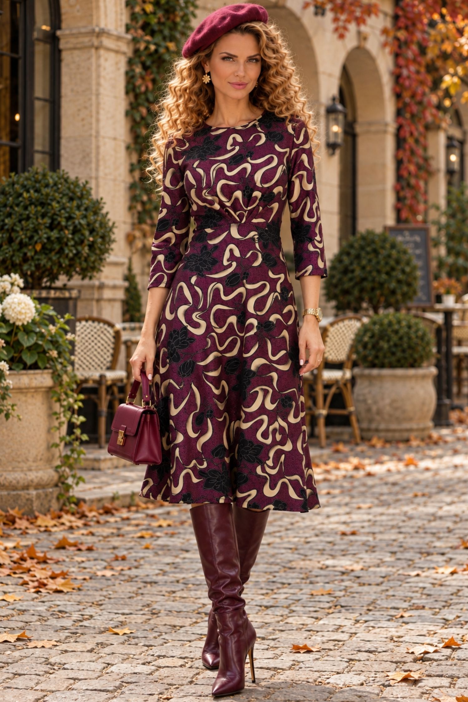 Rochie din jersey visinie midi in clos imprimata - StarShinerS 2 - StarShinerS.ro