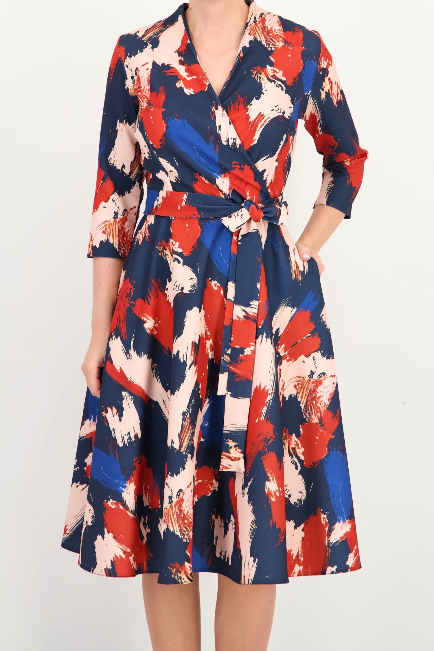 Rochie caramizie midi in clos imprimata cu decolteu petrecut- StarShinerS 4 - StarShinerS.ro