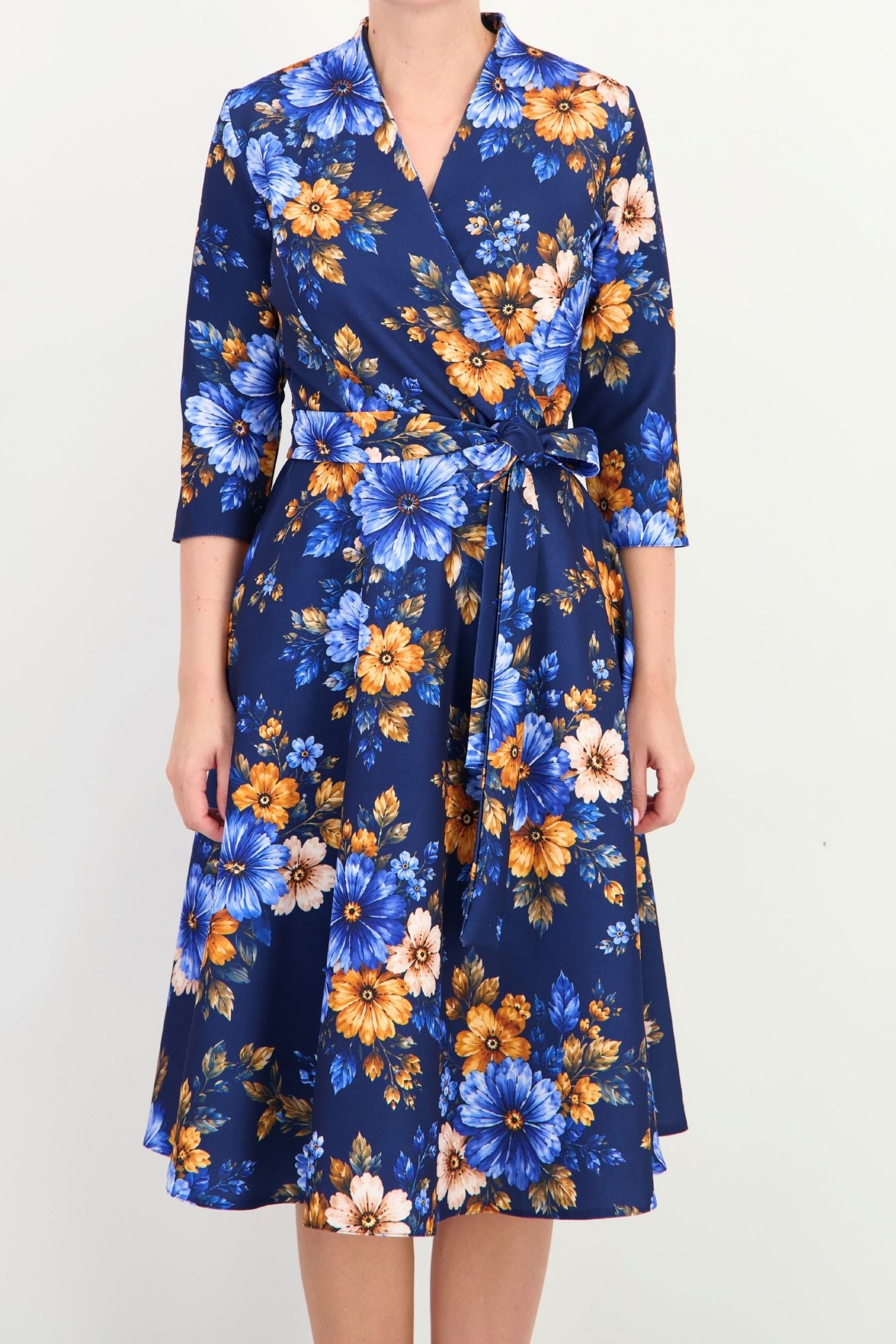 Rochie bleumarin midi in clos imprimata cu decolteu petrecut- StarShinerS 4 - StarShinerS.ro