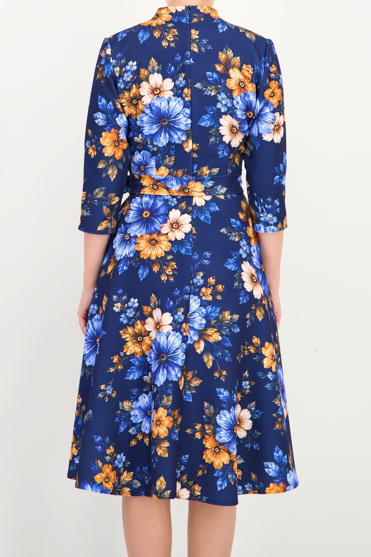 Rochie bleumarin midi in clos imprimata cu decolteu petrecut- StarShinerS 5 - StarShinerS.ro