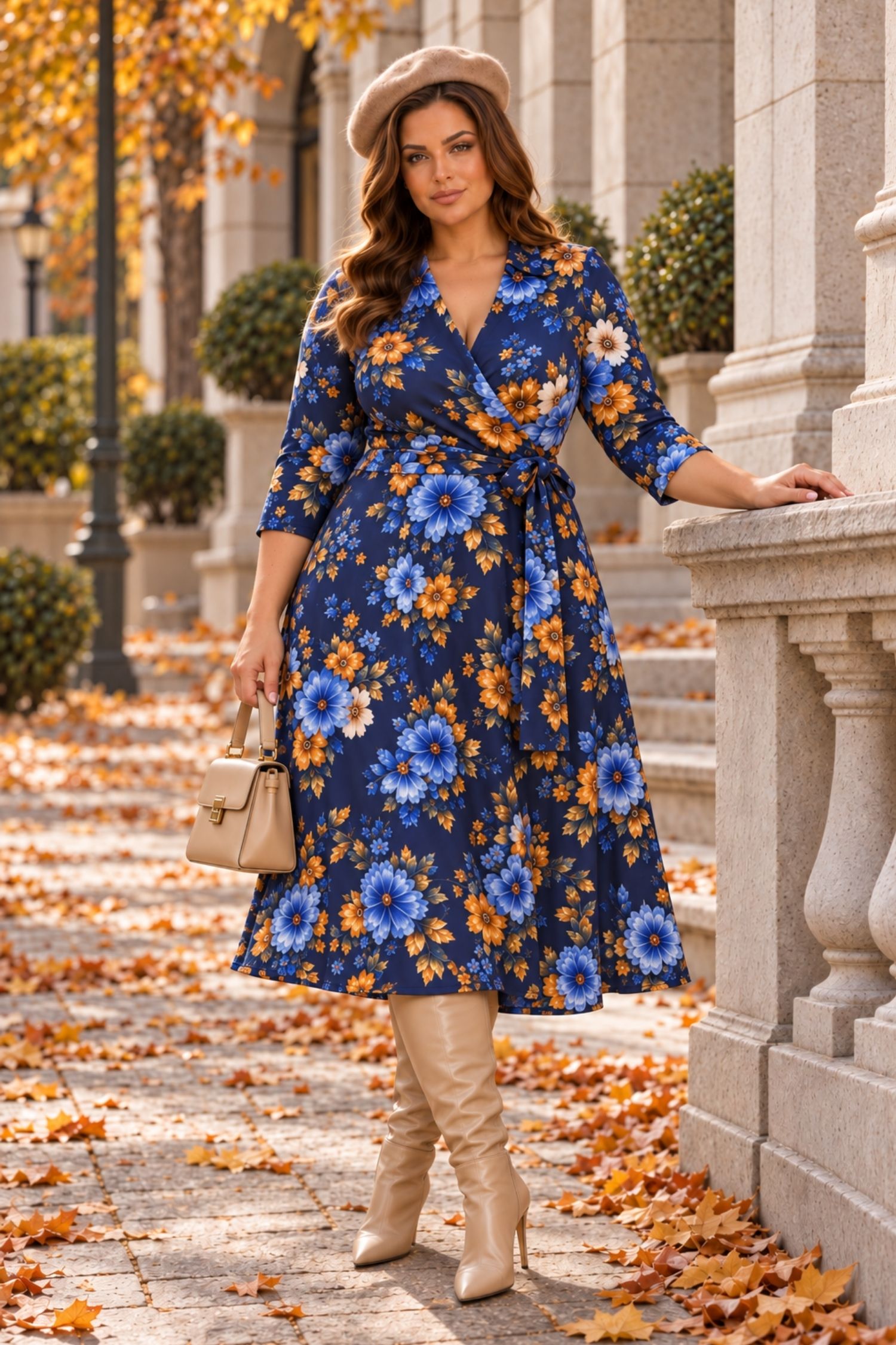 Rochie bleumarin midi in clos imprimata cu decolteu petrecut- StarShinerS 1 - StarShinerS.ro
