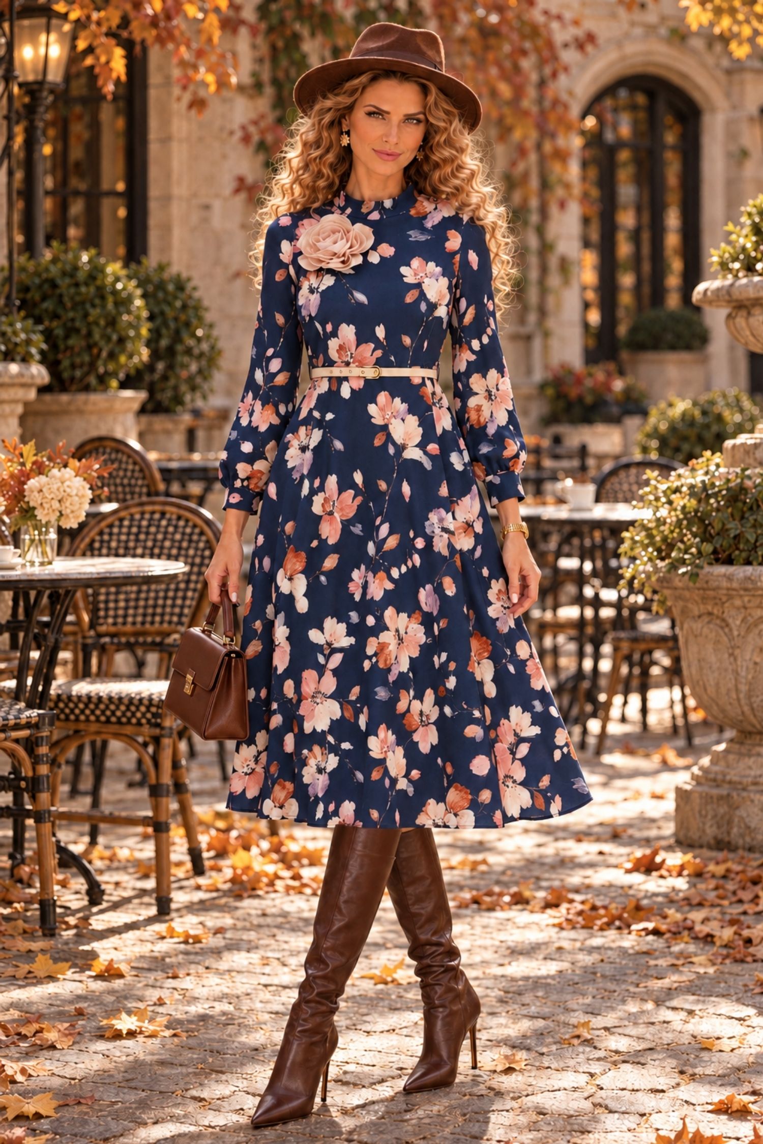 Rochie bleumarin midi in clos imprimata floral - StarShinerS 2 - StarShinerS.ro