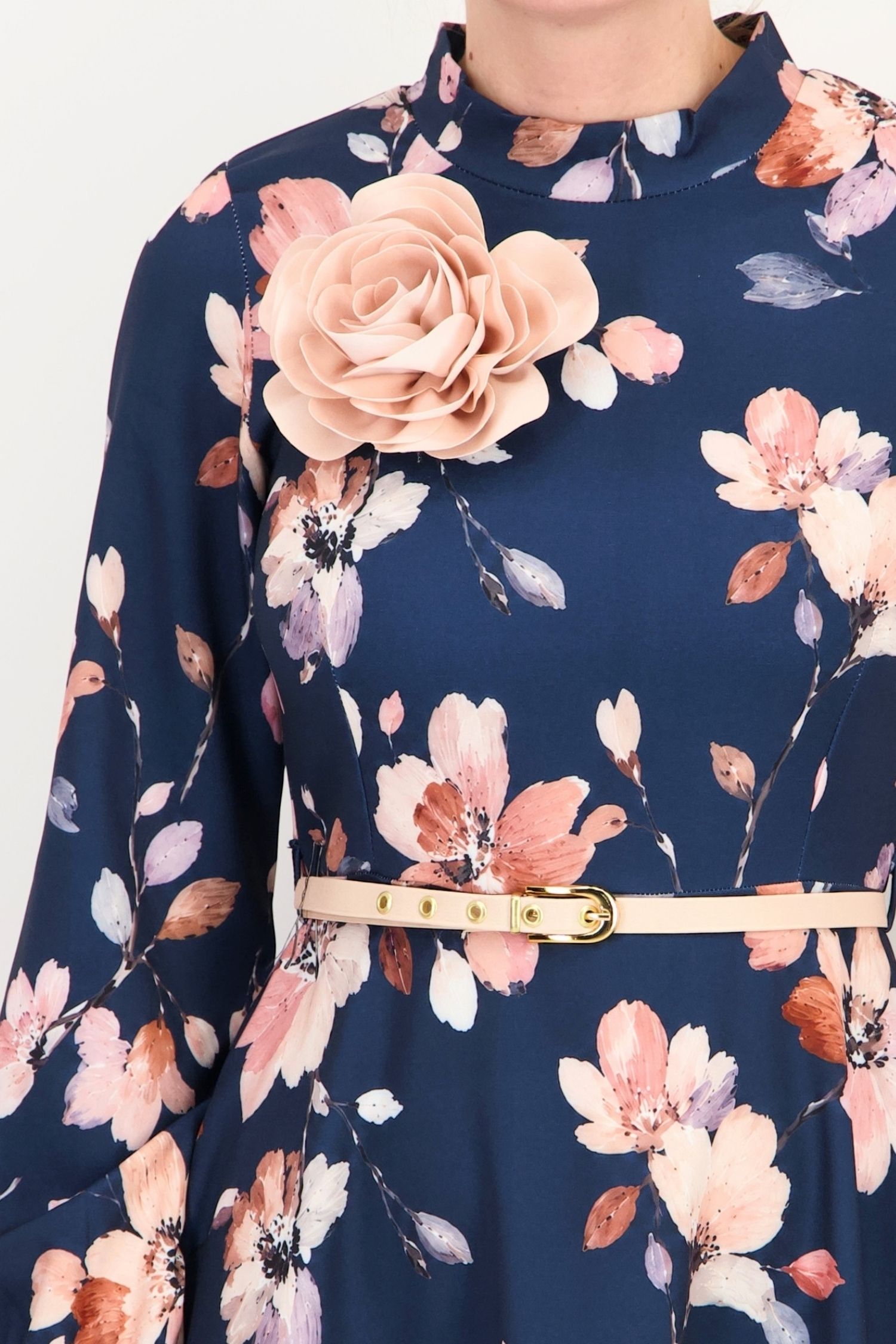 Rochie bleumarin midi in clos imprimata floral - StarShinerS 5 - StarShinerS.ro