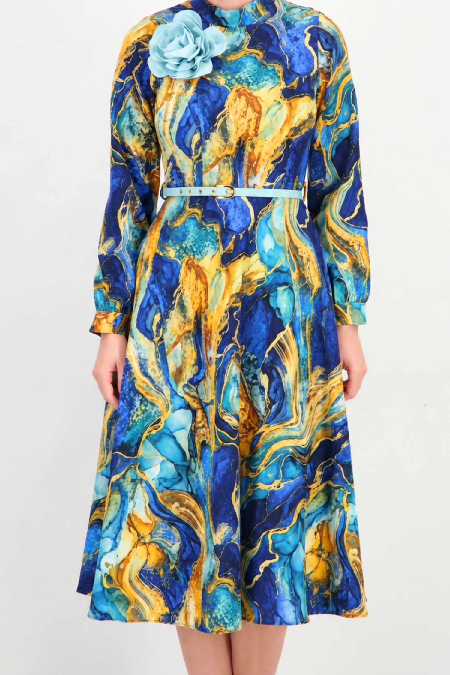 Rochie clos albastra midi floral din stofa elastica 4 - StarShinerS.ro