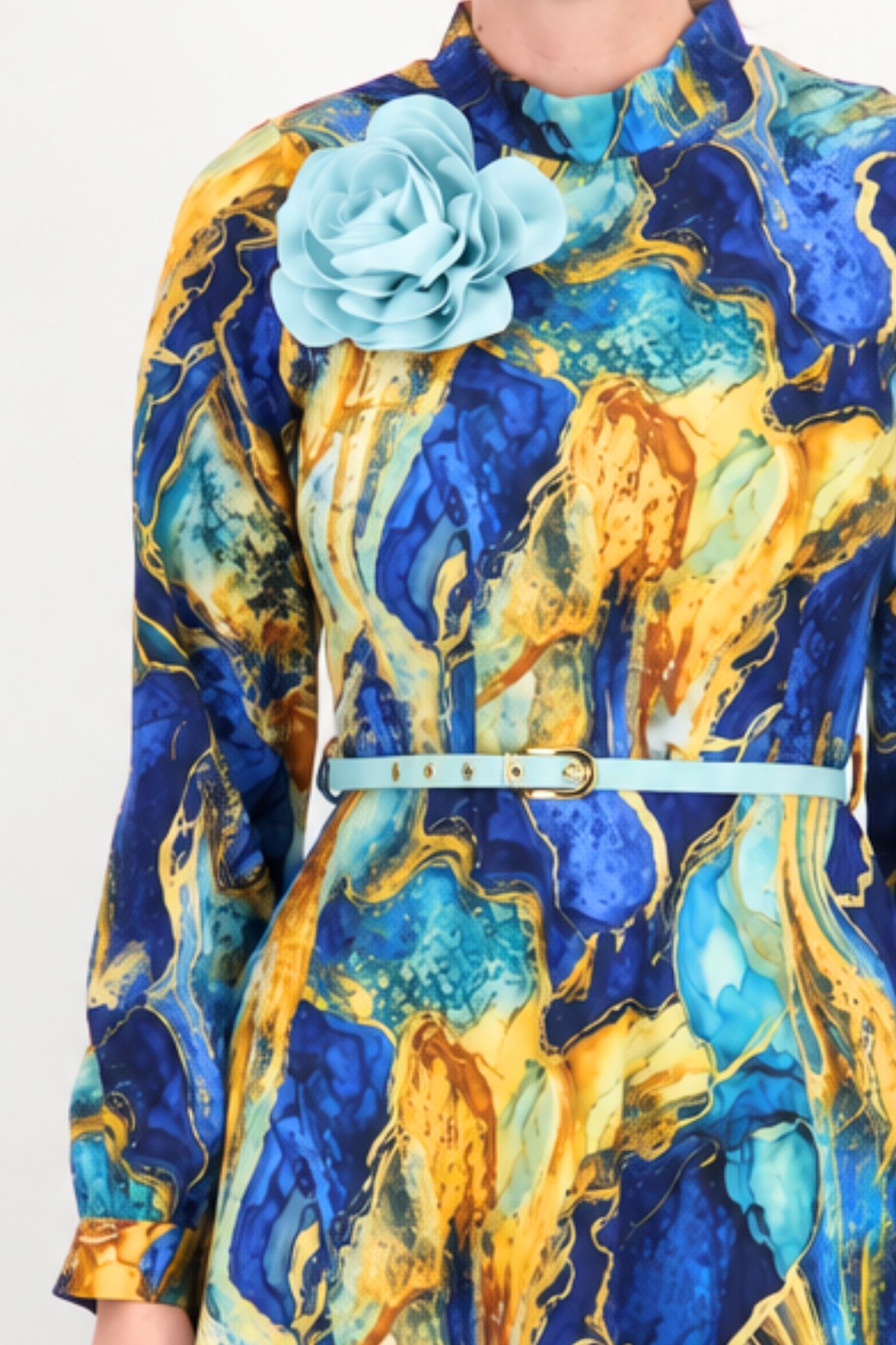 Rochie clos albastra midi floral din stofa elastica 5 - StarShinerS.ro