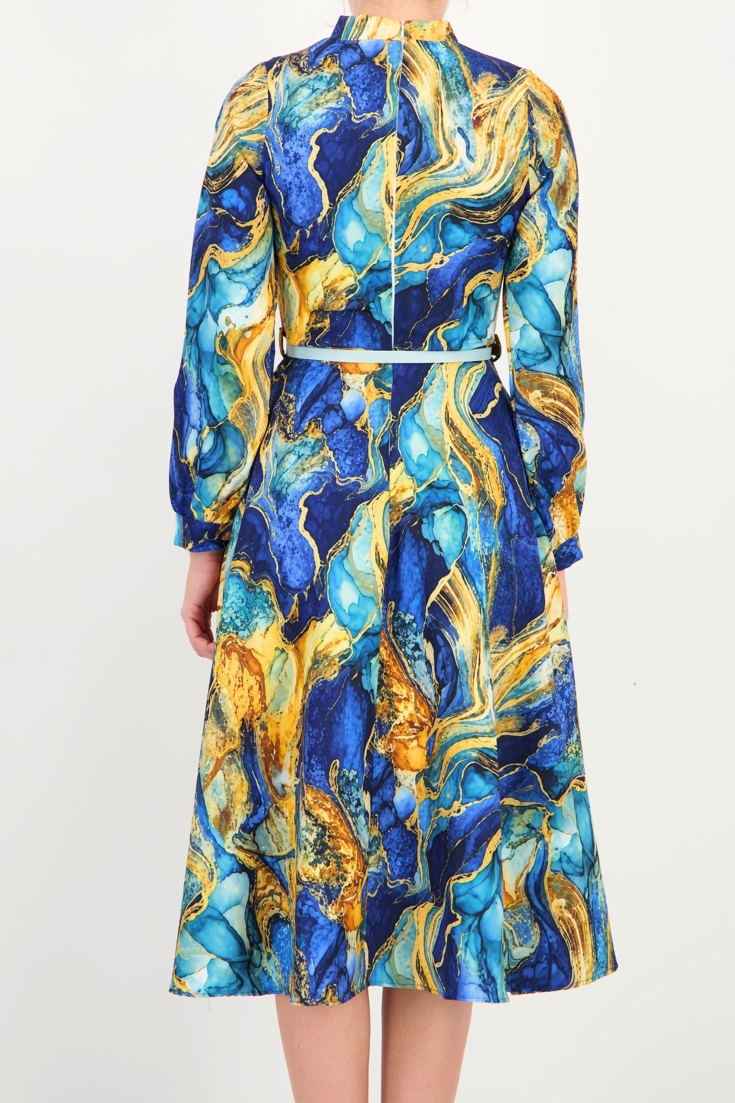 Rochie clos albastra midi floral din stofa elastica 3 - StarShinerS.ro