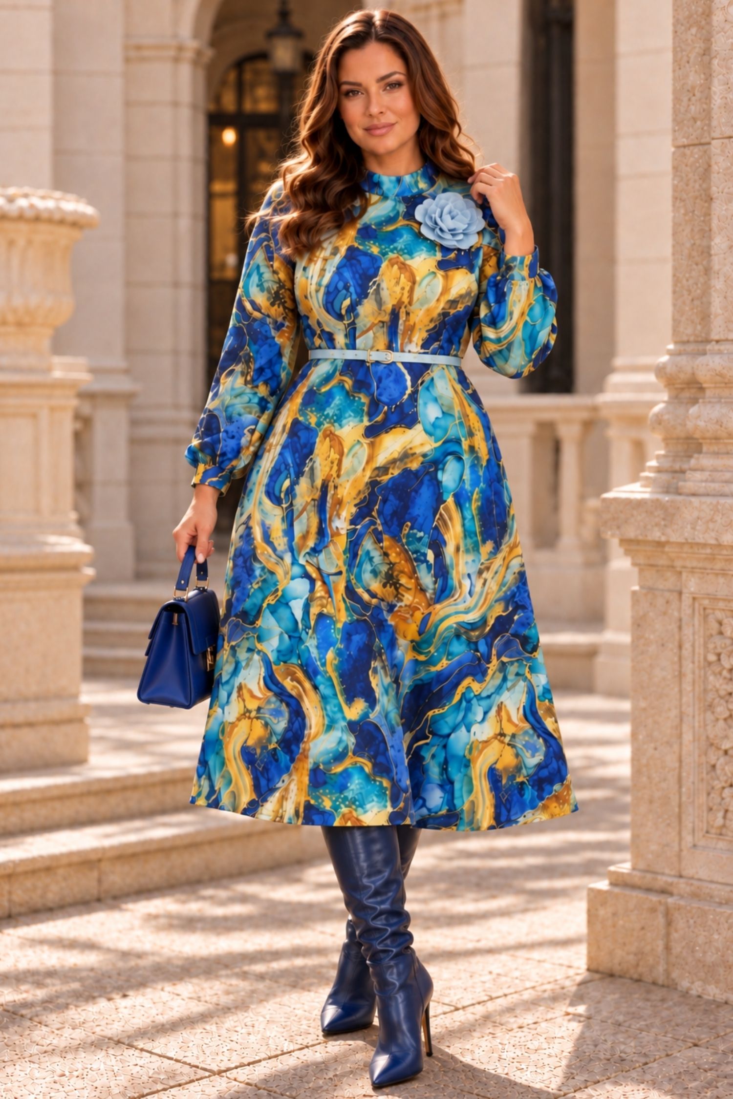 Rochie clos albastra midi floral din stofa elastica 1 - StarShinerS.ro